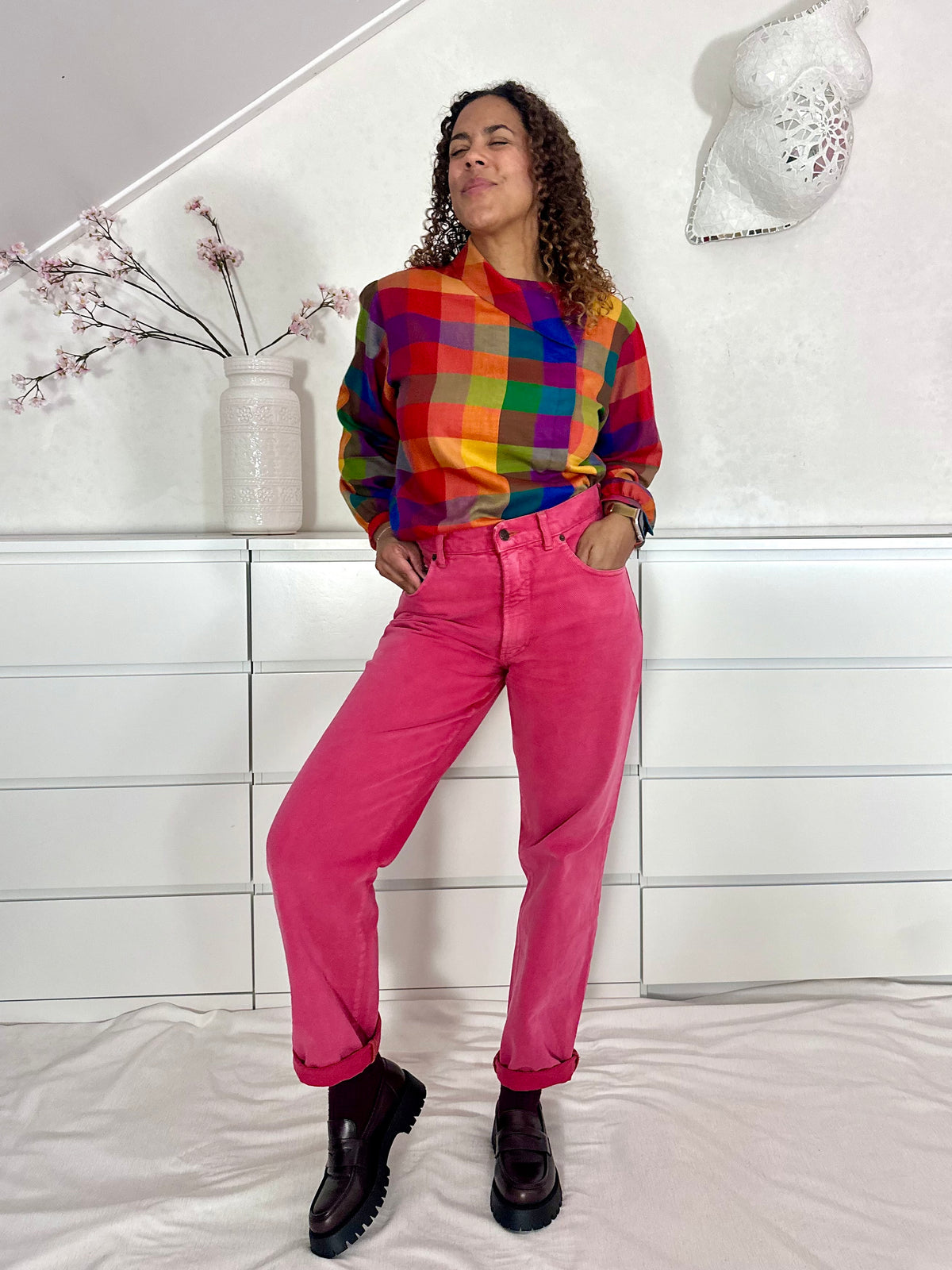 Vintage katoenen geruite blouse met herfstkleuren - M
