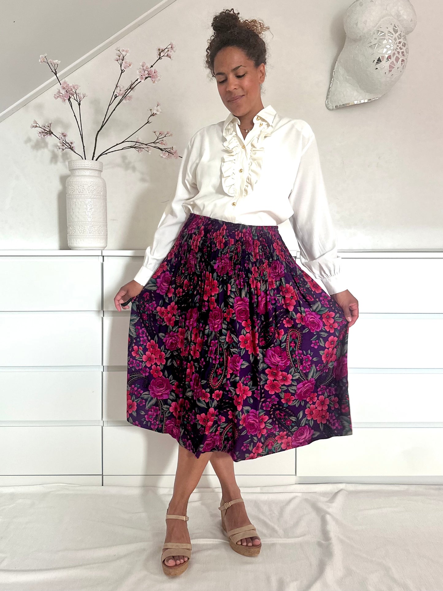 Vintage midirok met roze bloemenprint - M/L