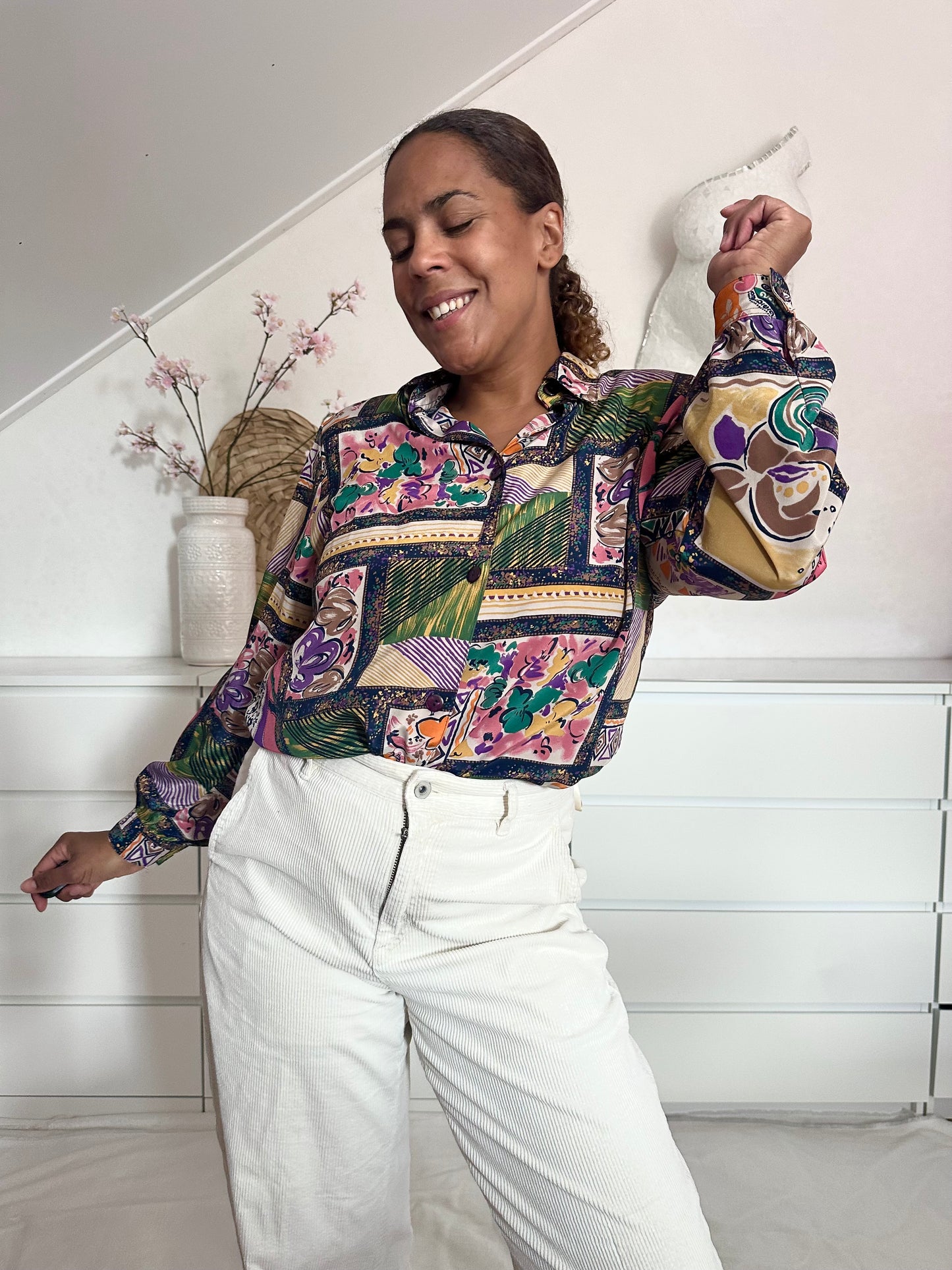 Vintage patchwork print blouse in oker en groen - L