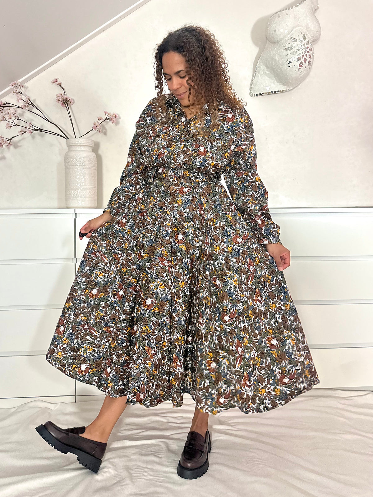 Vintage maxi-jurk in katoen met  botanische vogel print - M