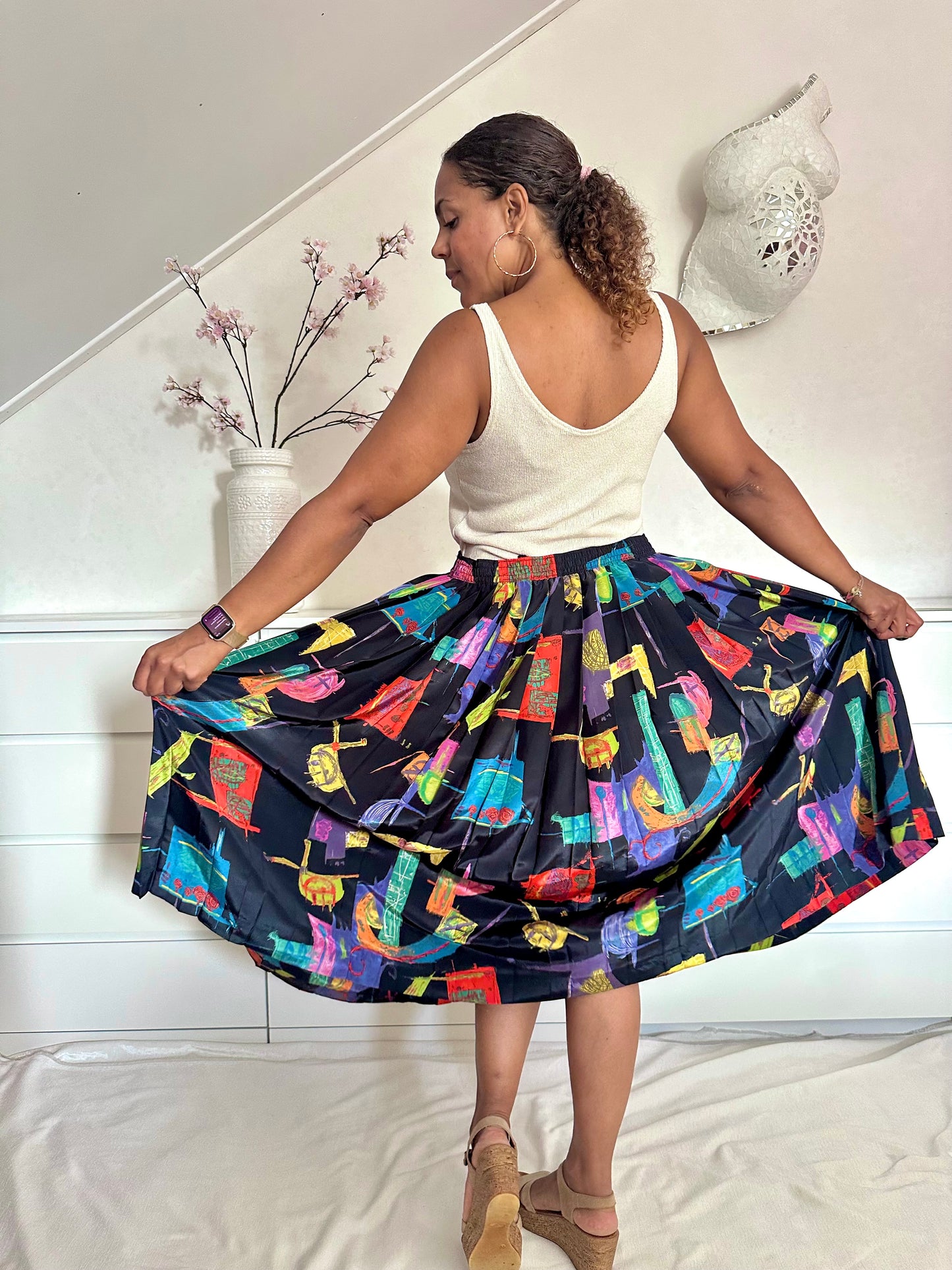 Vintage plus size midi-rok met abstracte print - XL/XXL
