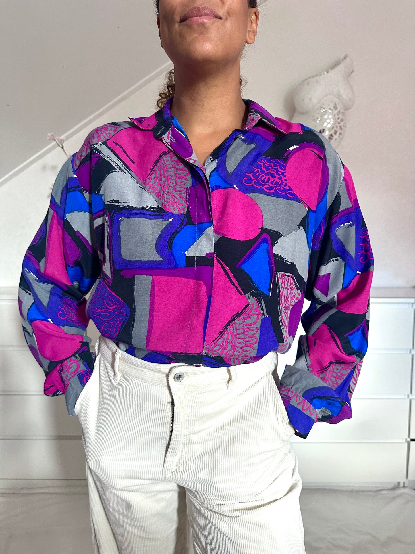 Vintage viscose blouse in paars en roze print - XL