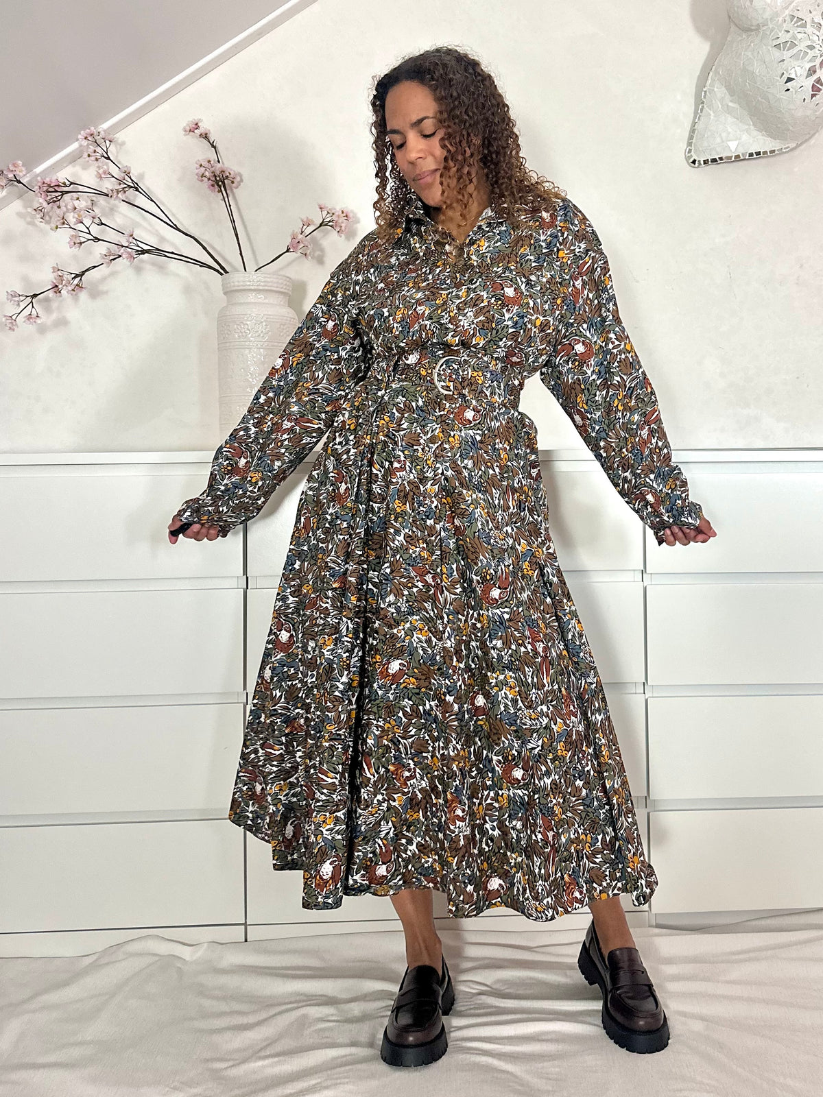 Vintage maxi-jurk in katoen met  botanische vogel print - M