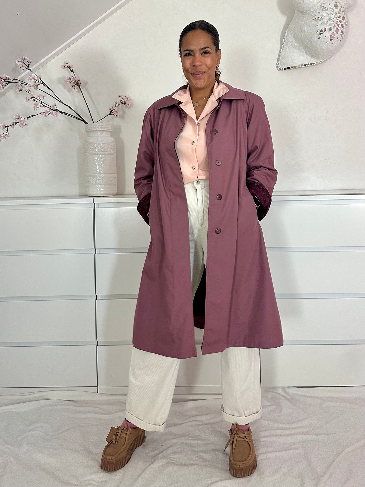 Vintage oudroze gevoerde trenchcoat - L/XL