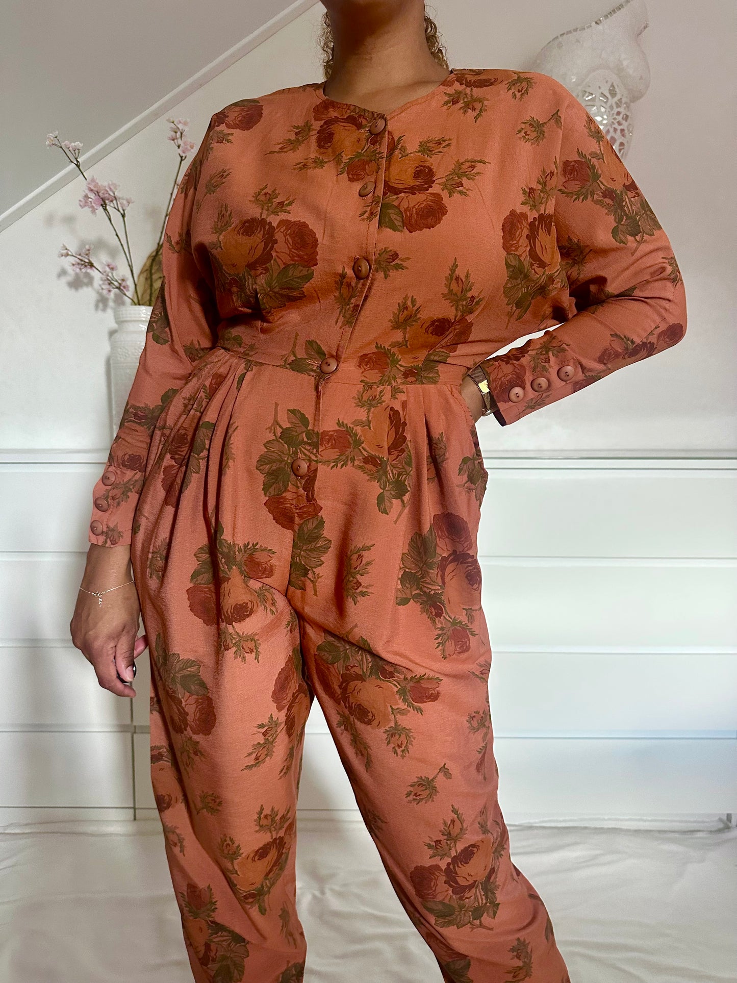 Vintage viscose jumpsuit in terra cotta - M