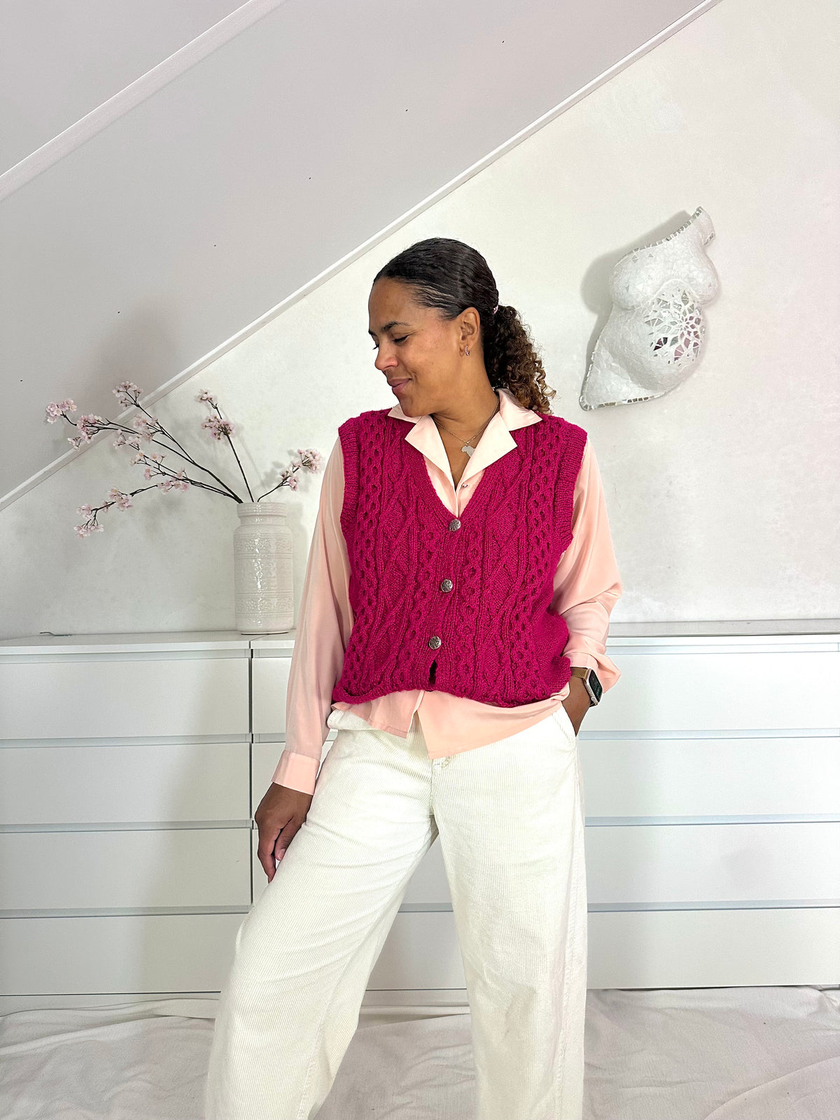 Vintage fuchsia gebreide waistcoat - L