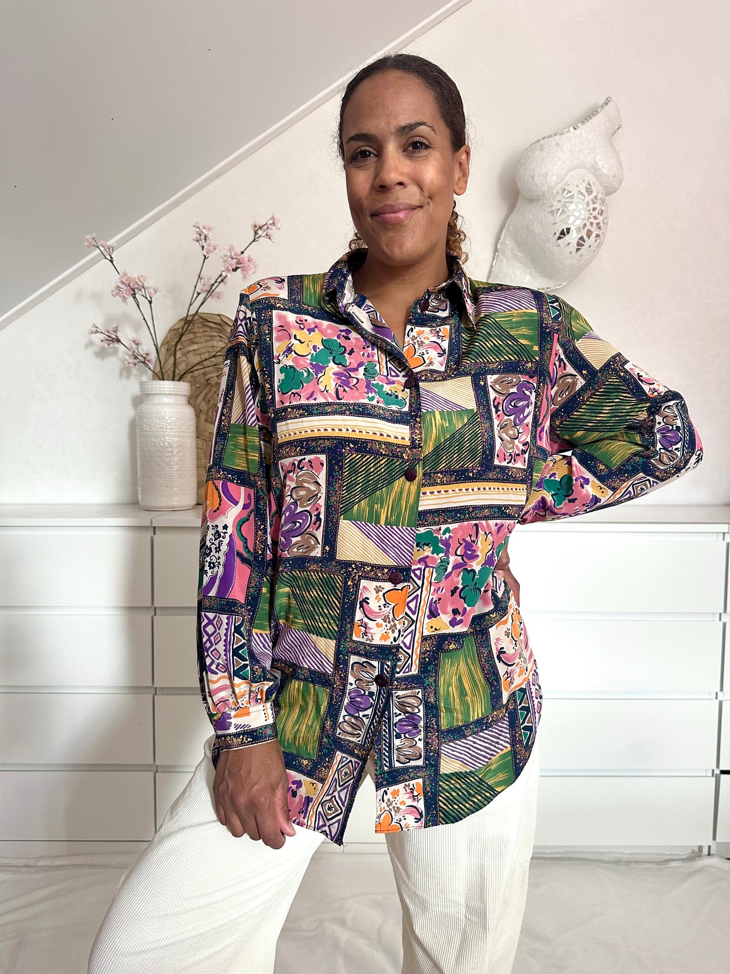 Vintage patchwork print blouse in oker en groen - L