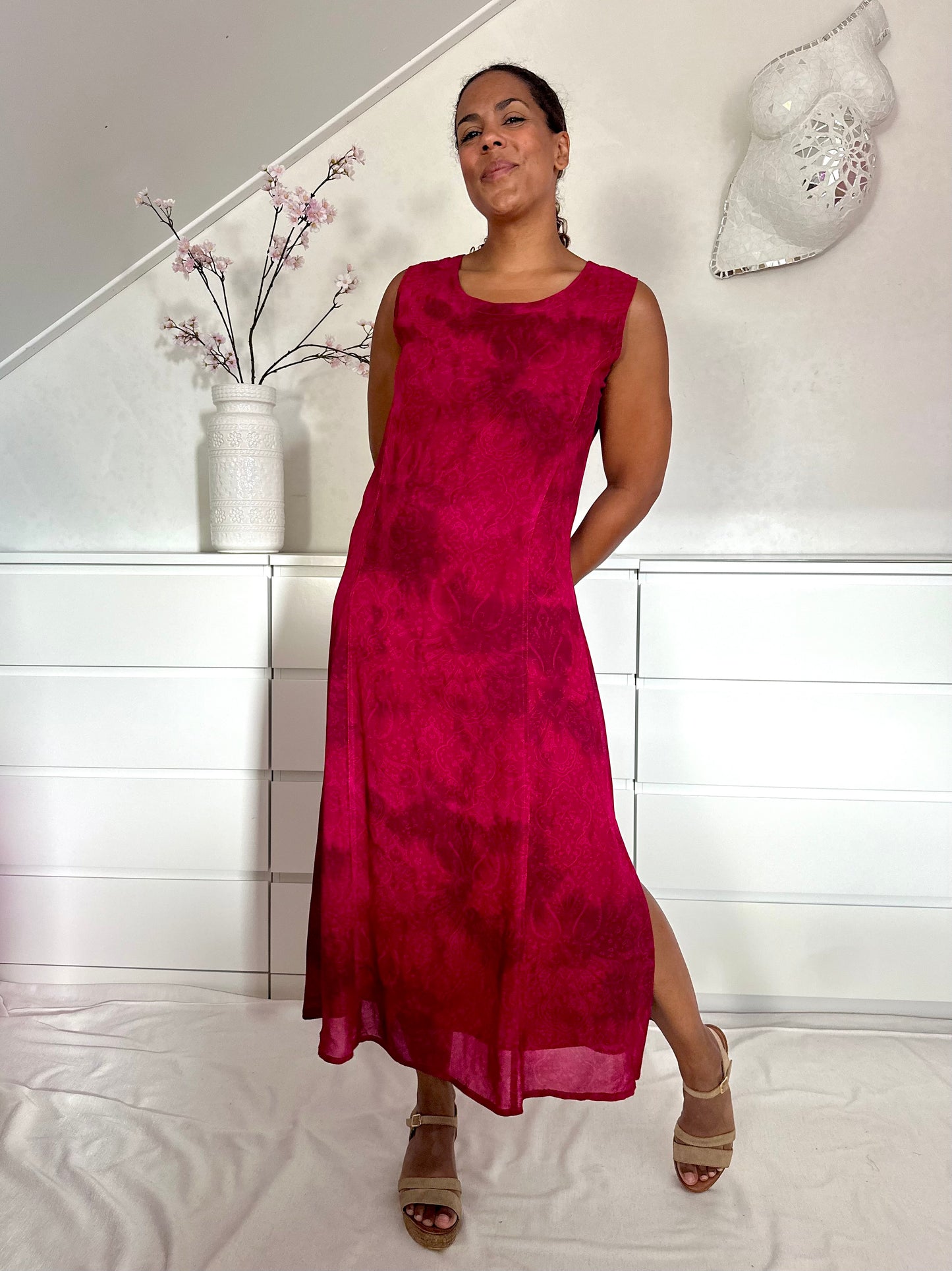 Vintage Bordeaux rode mesh maxi-jurk - L/XL