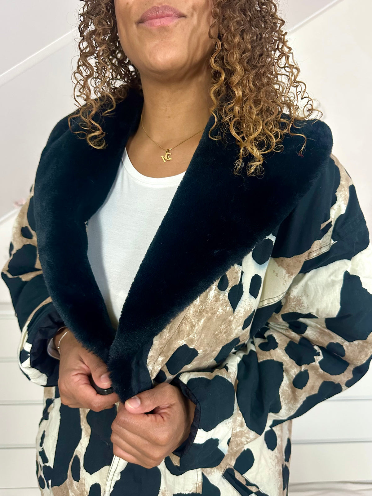 Vintage giraffe print puffer jack met faux fur kraag - L/XL