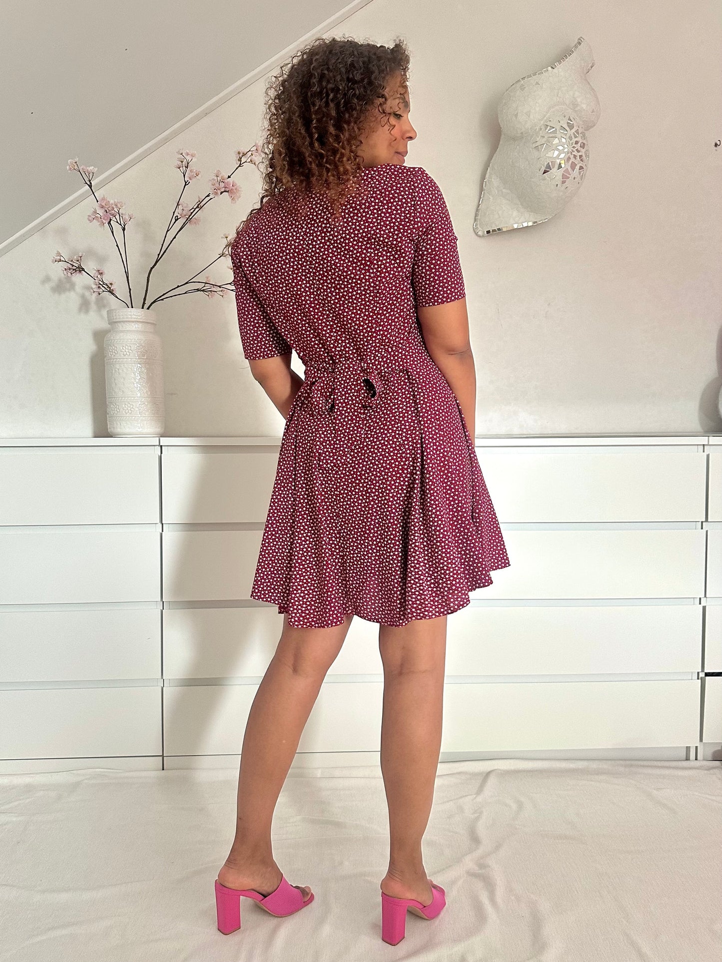 Vintage burgundy korte swing jurk met print - S/M