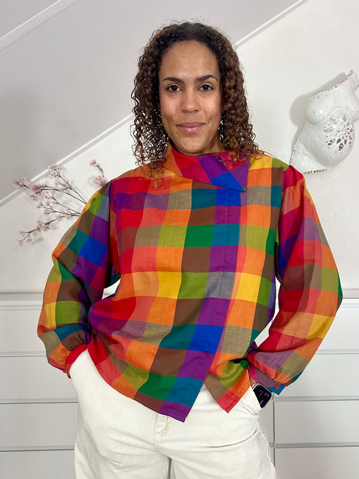 Vintage katoenen geruite blouse met herfstkleuren - M