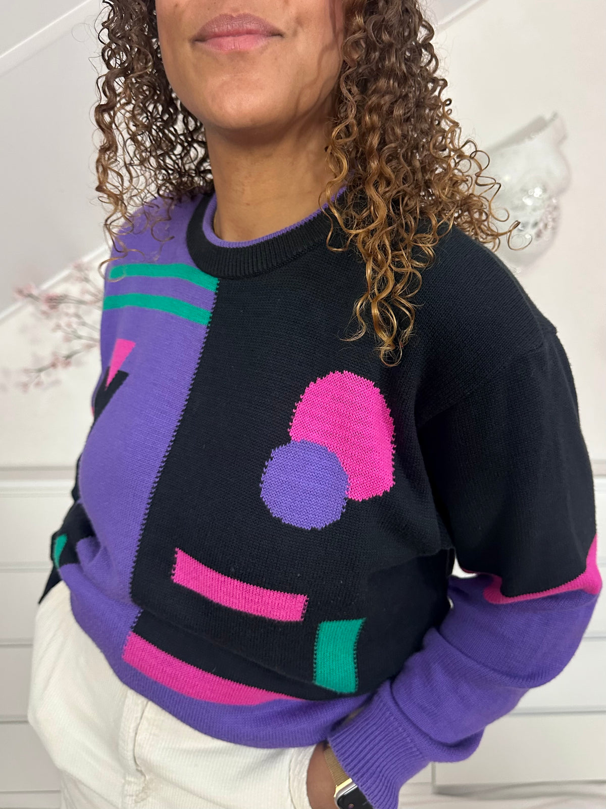 Vintage lange gebreide trui met 80’s print - XL/XXL