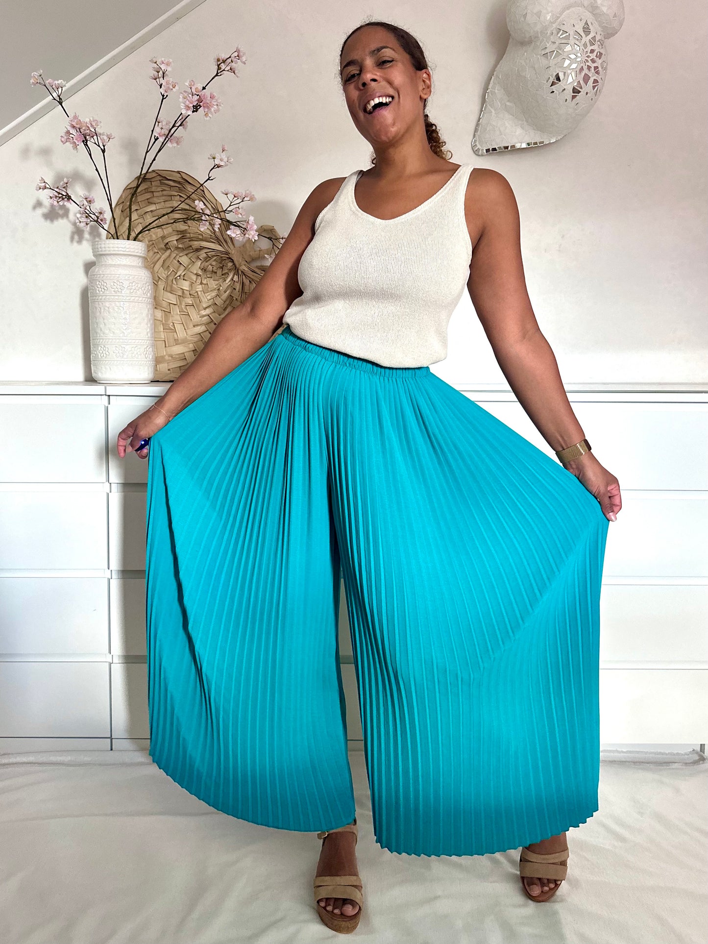 Vintage geplooide palazzo broek in turquoise - S/M