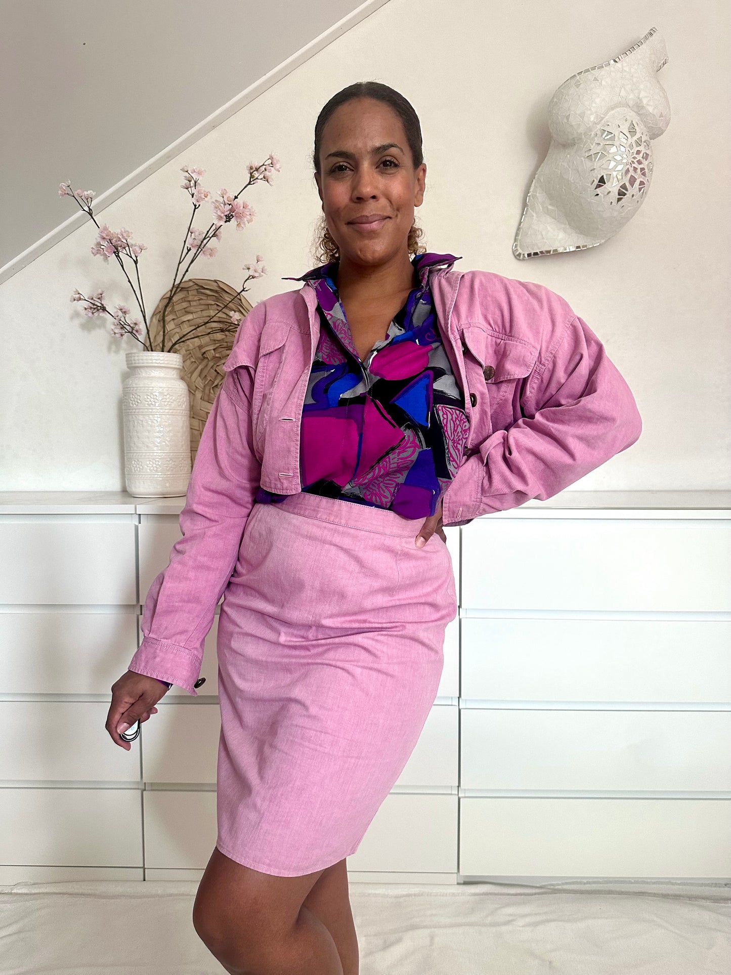Vintage viscose blouse in paars en roze print - XL