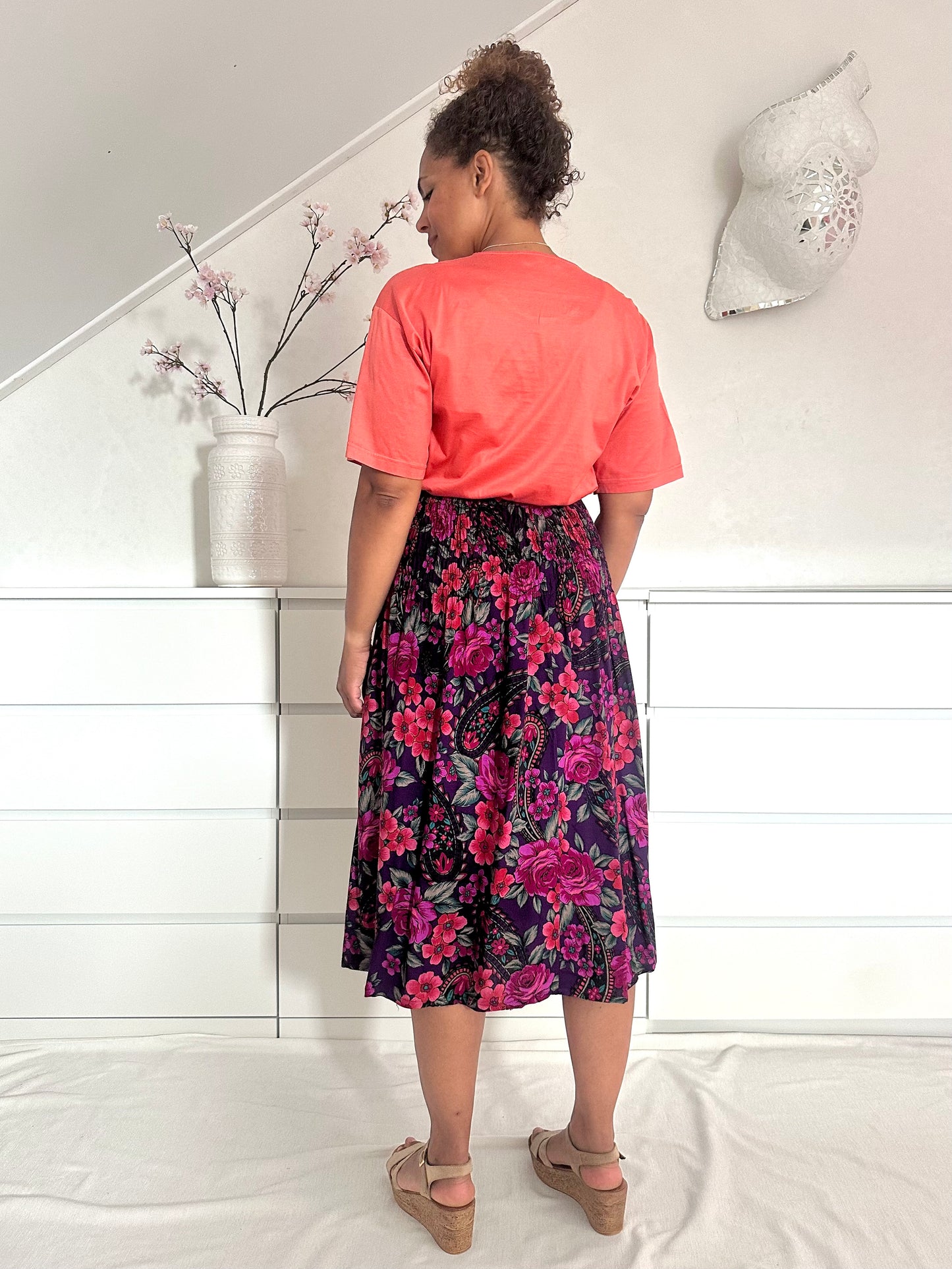 Vintage midirok met roze bloemenprint - M/L