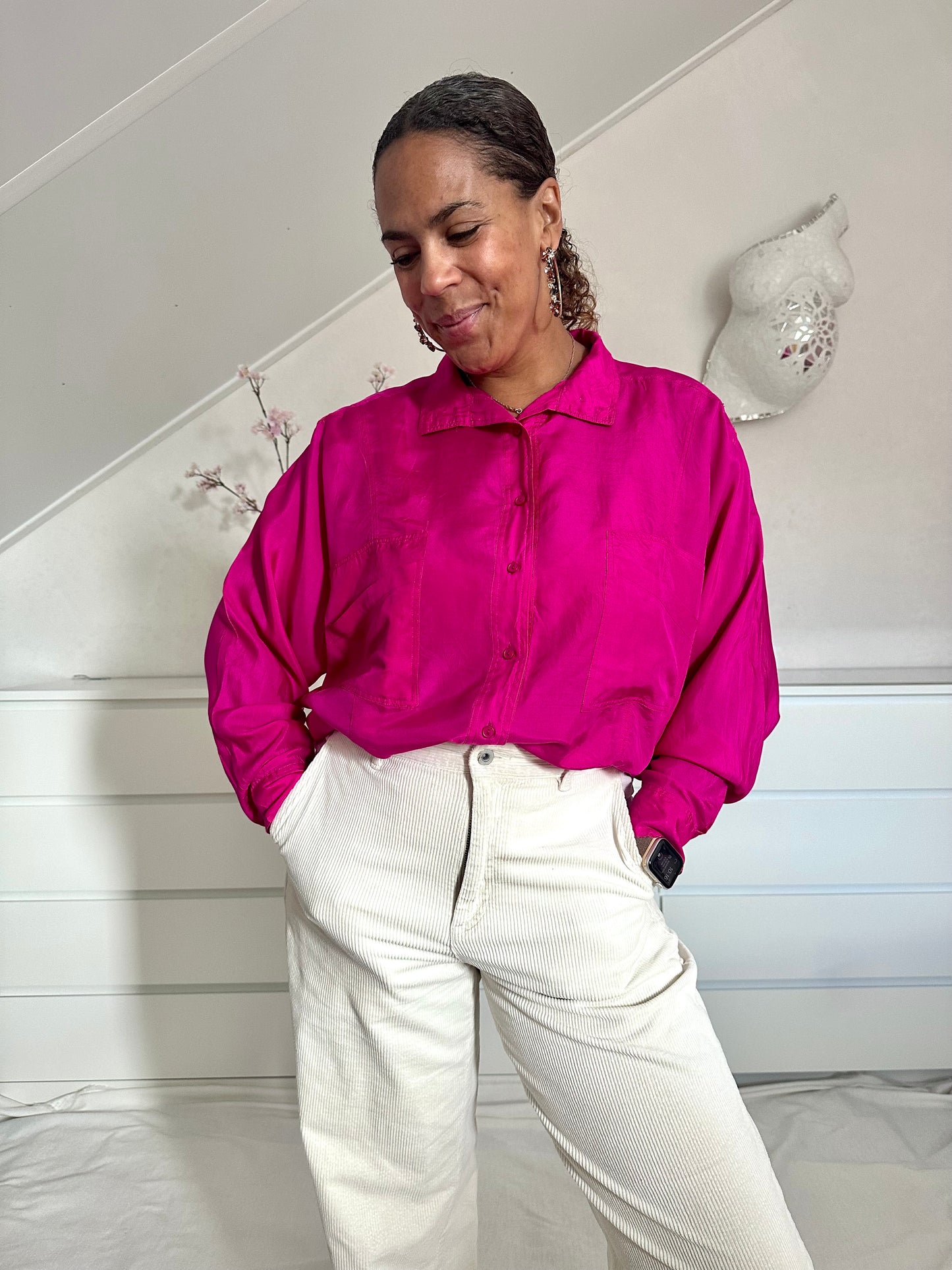 Vintage fuchsia roze zijden blouse met vleermuismouw - L/XL