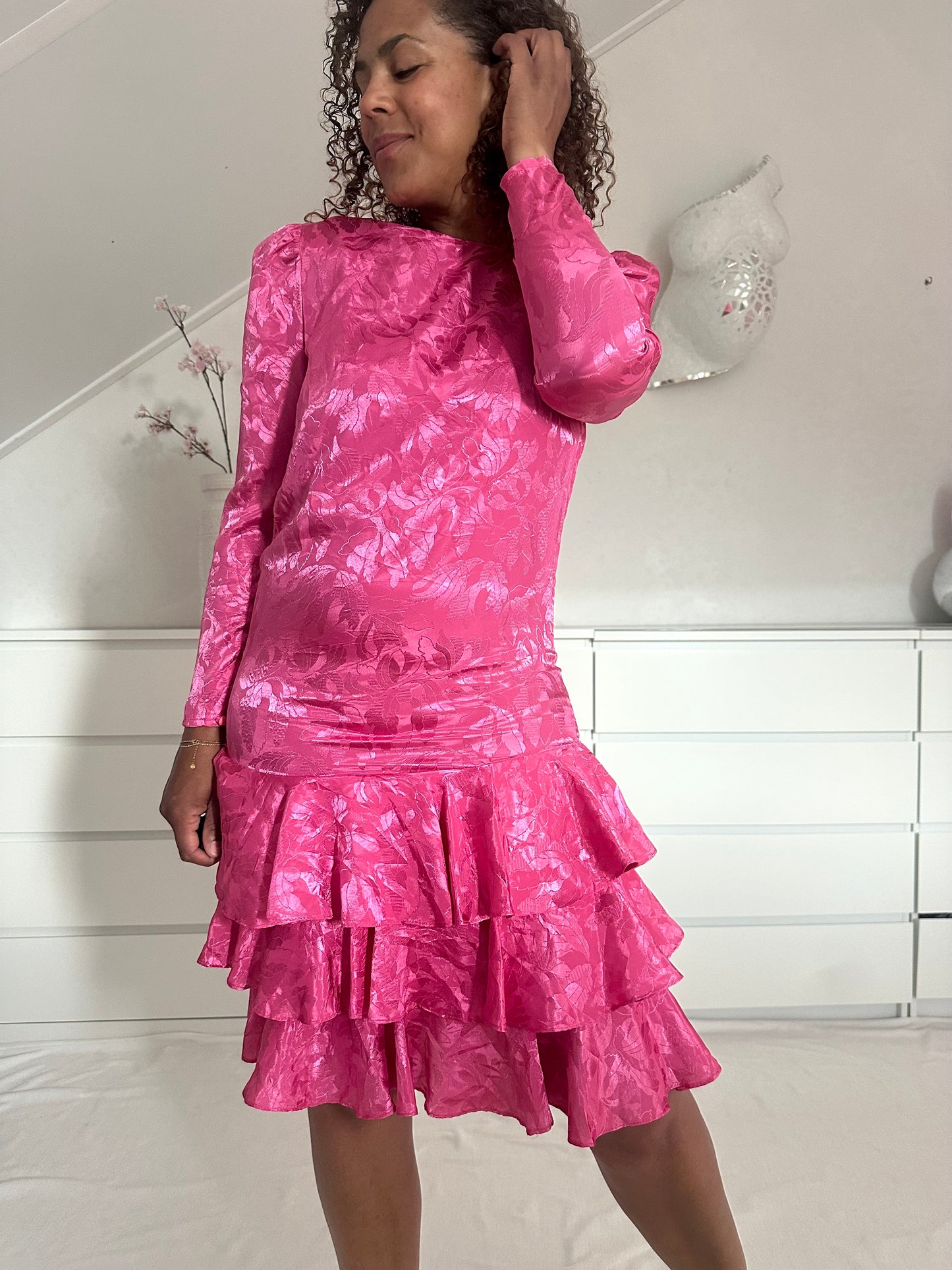 Vintage knalroze feest jurk met subtiele glans - S