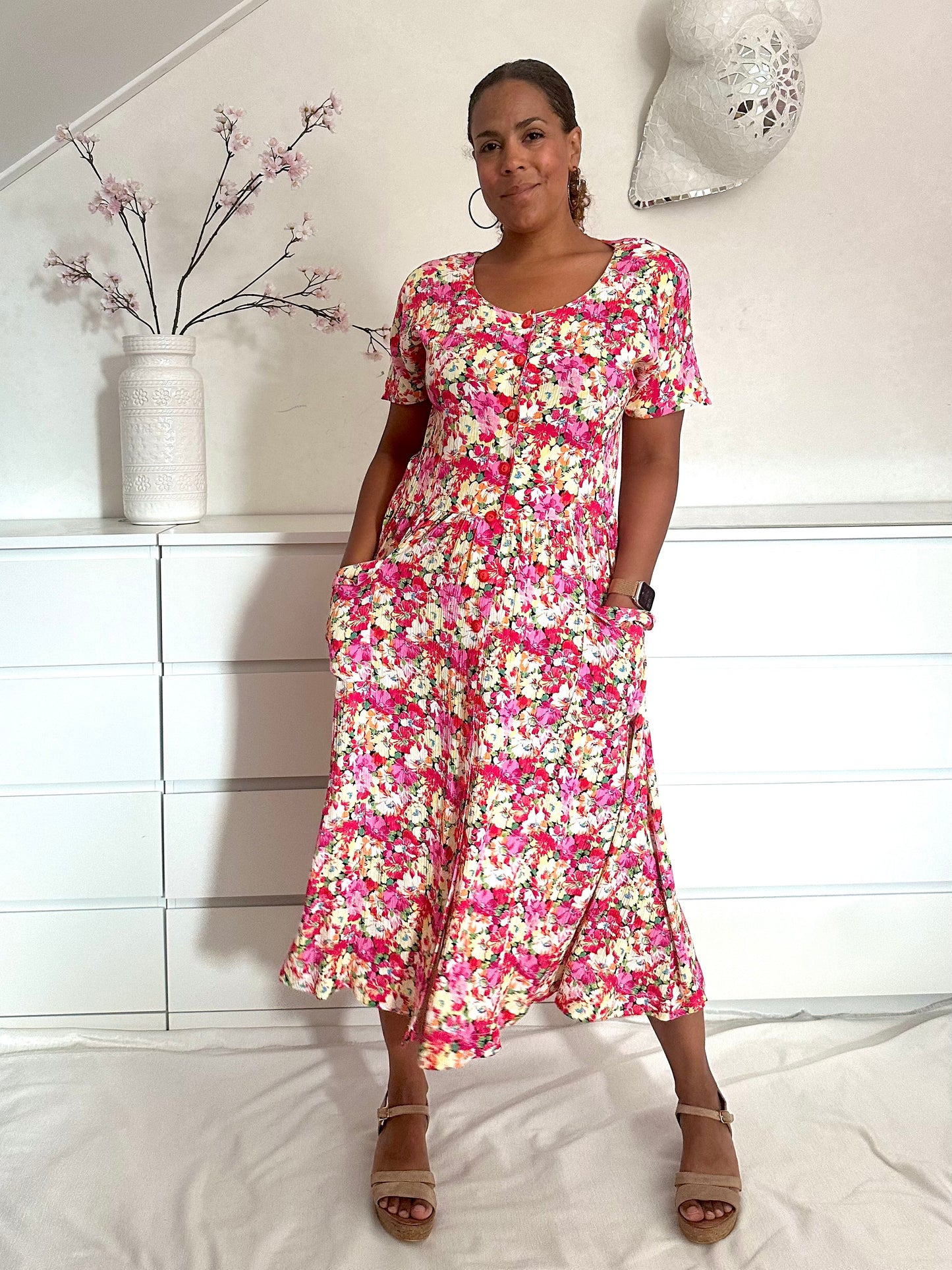 Vintage viscose zomerjurk met verfijnde bloemenprint - XL