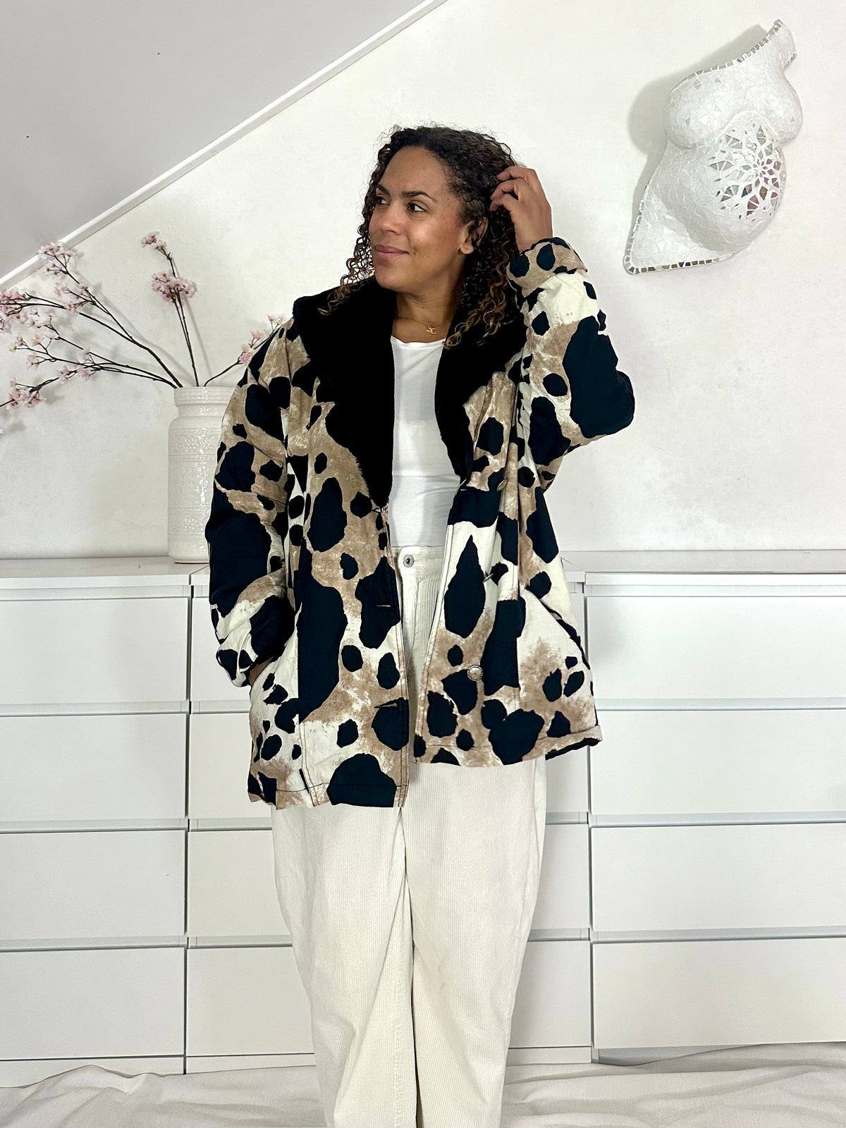 Vintage giraffe print puffer jack met faux fur kraag - L/XL