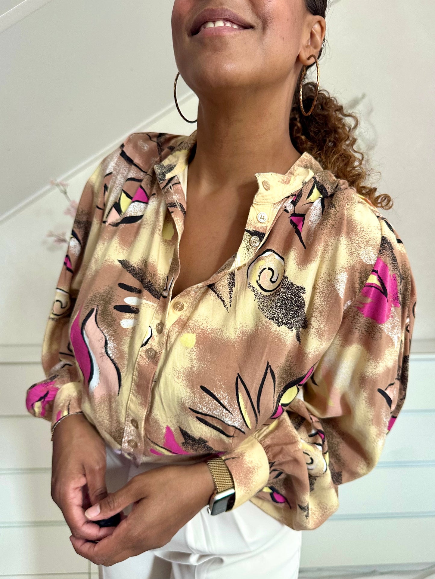 Vintage viscose blouse in beige met roze accenten - M/L