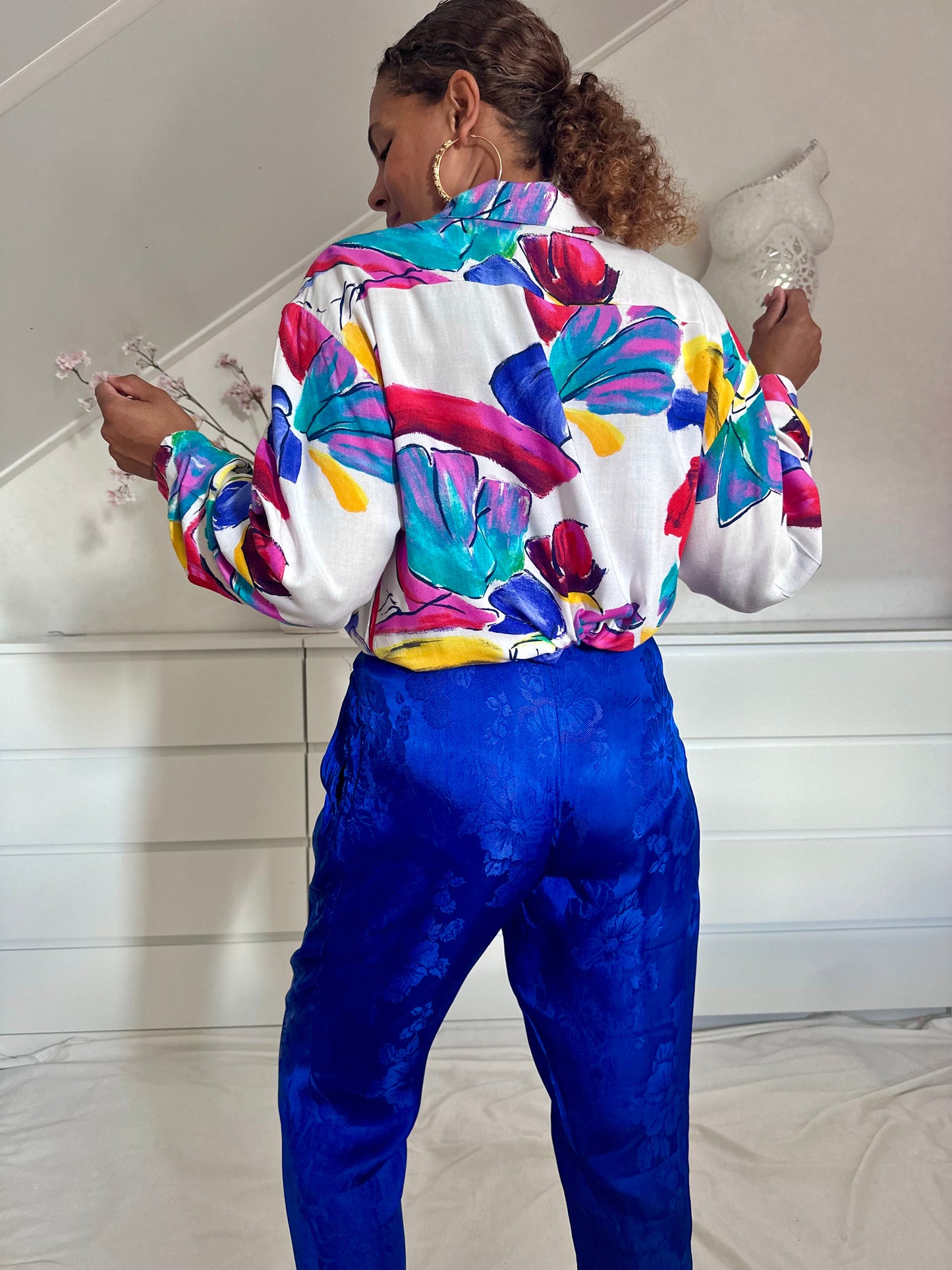 Vintage kobalt blauwe high waist broek met print - XS-S