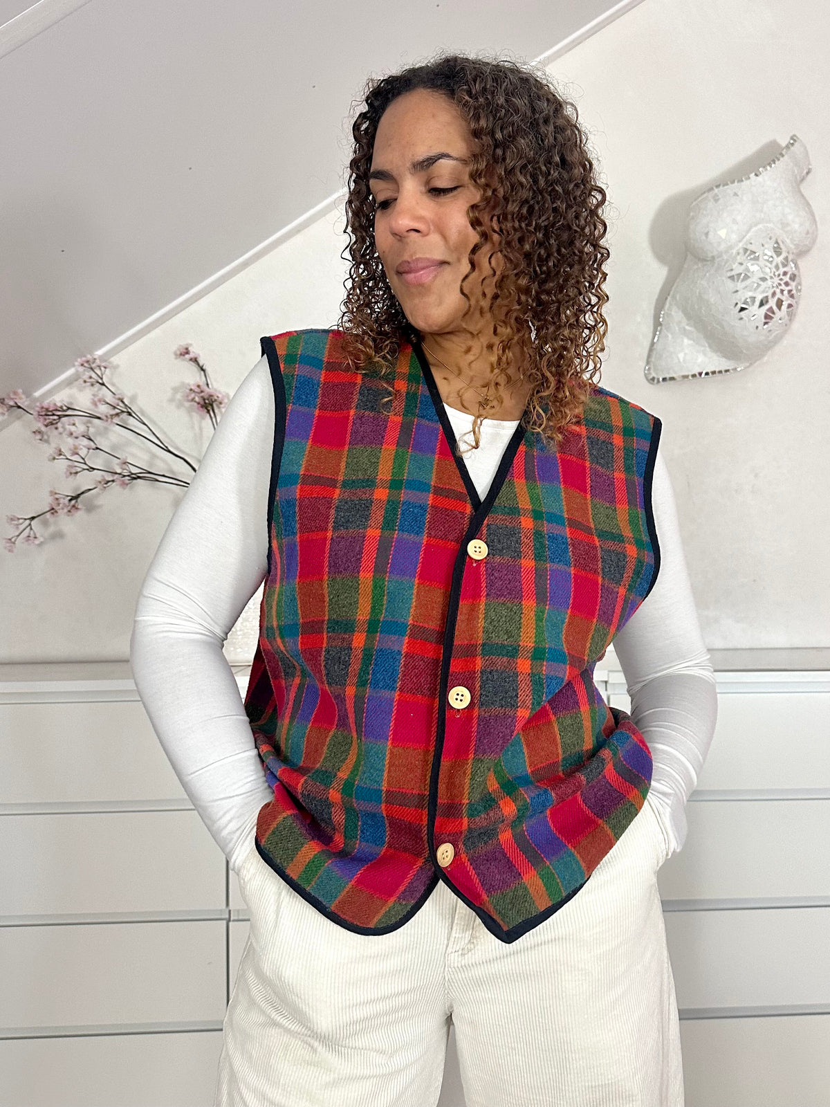 Vintage zachte gilet met geblokte print - M/L
