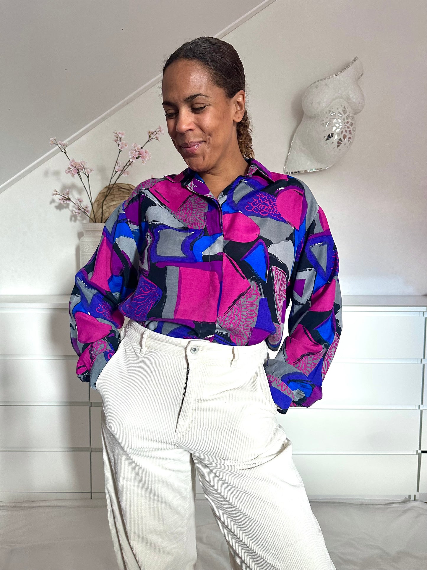Vintage viscose blouse in paars en roze print - XL