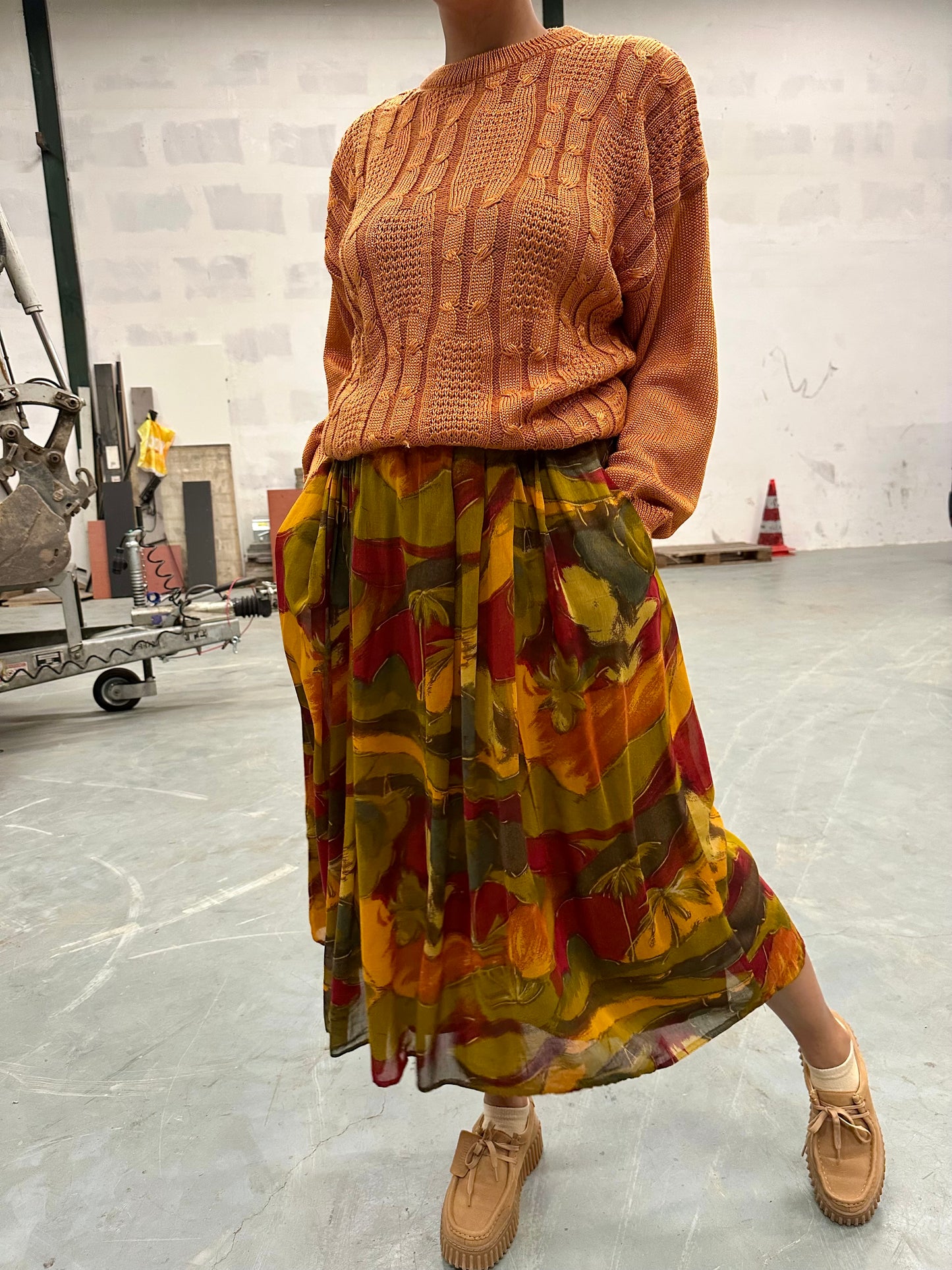 Vintage midi. plooirok in herfsttinten - M/L