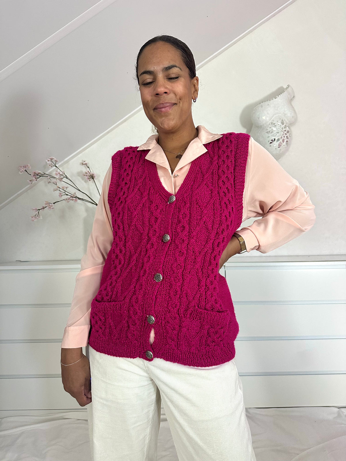 Vintage fuchsia gebreide waistcoat - L