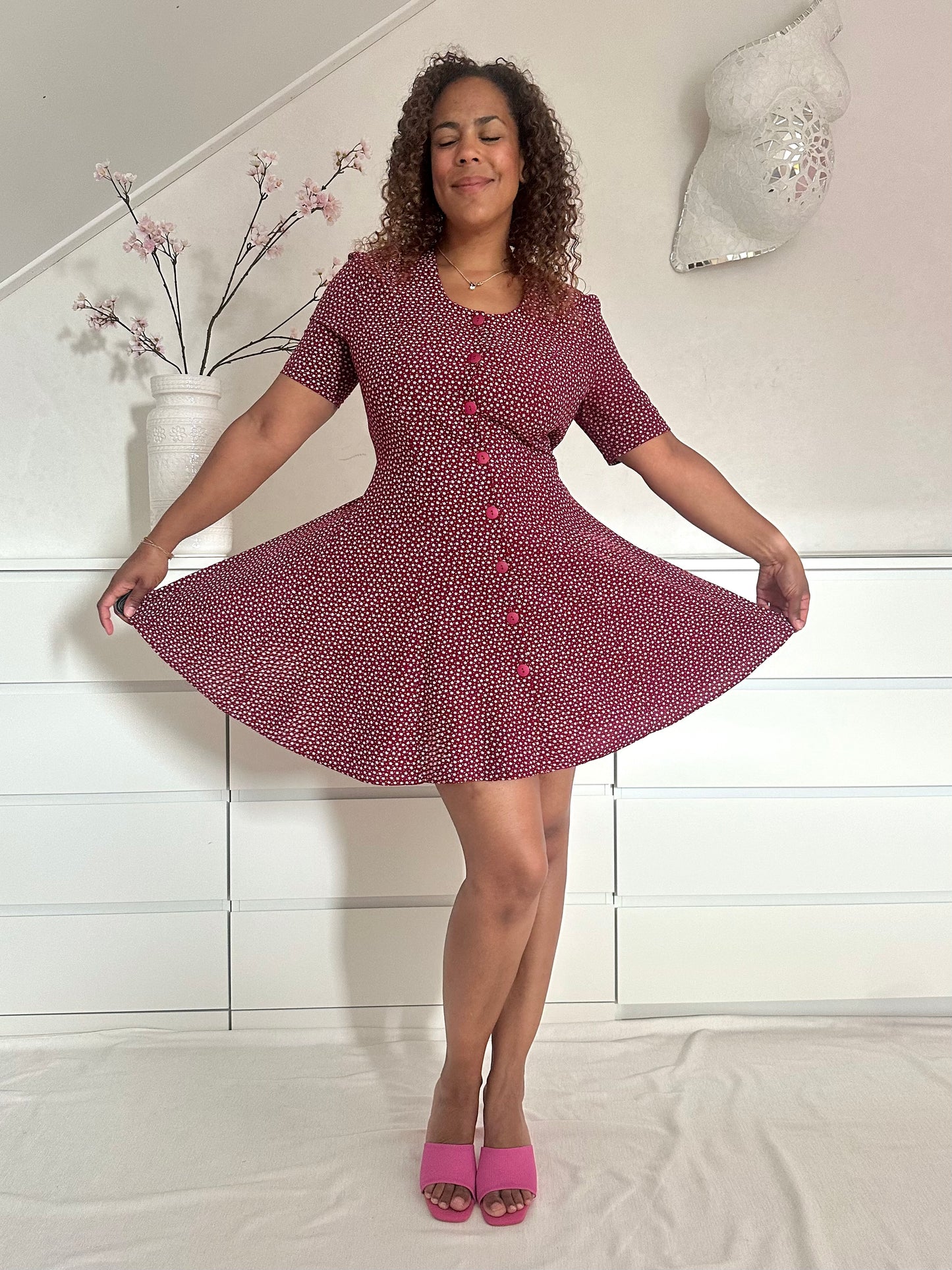 Vintage burgundy korte swing jurk met print - S/M