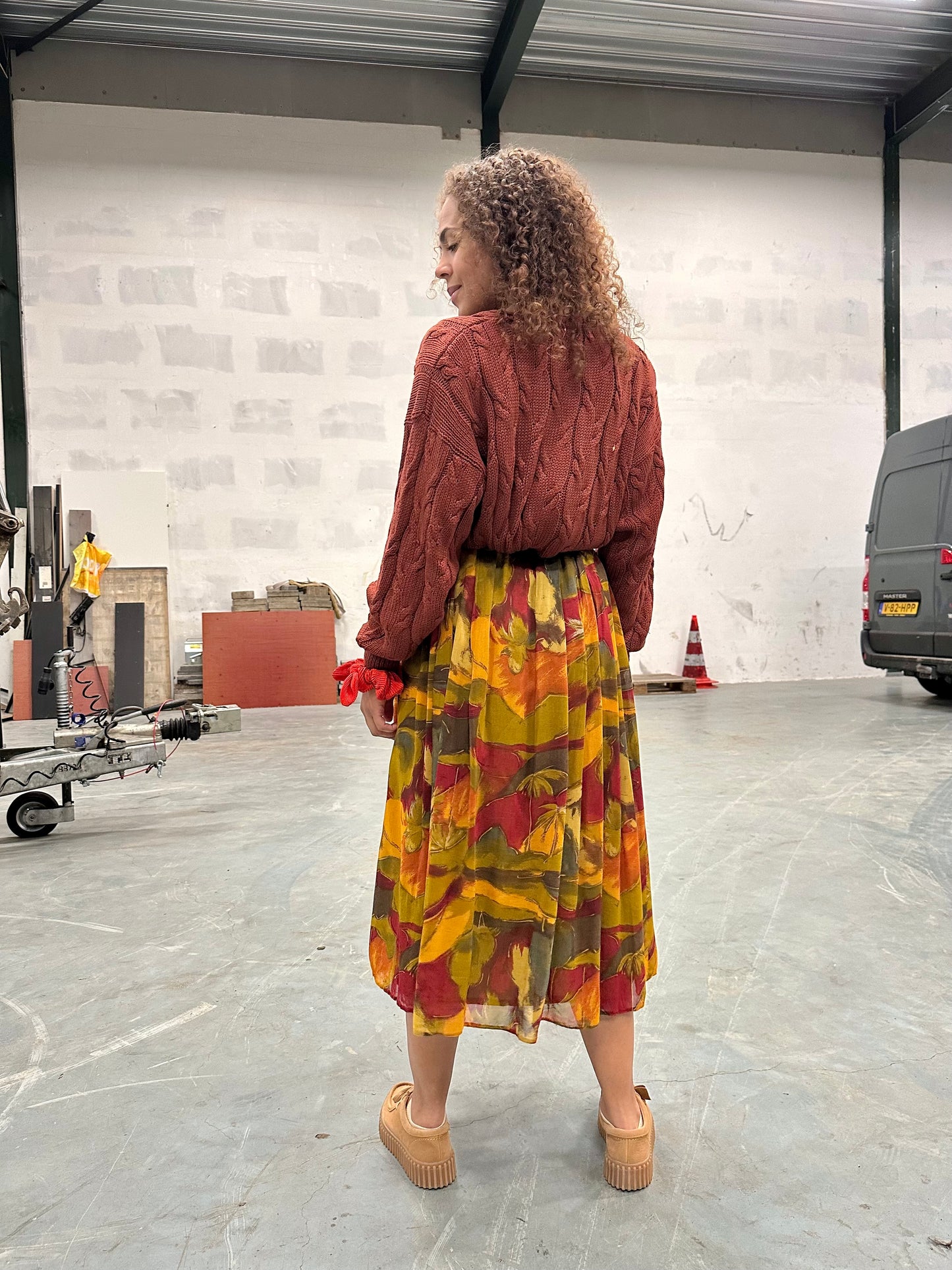 Vintage midi. plooirok in herfsttinten - M/L