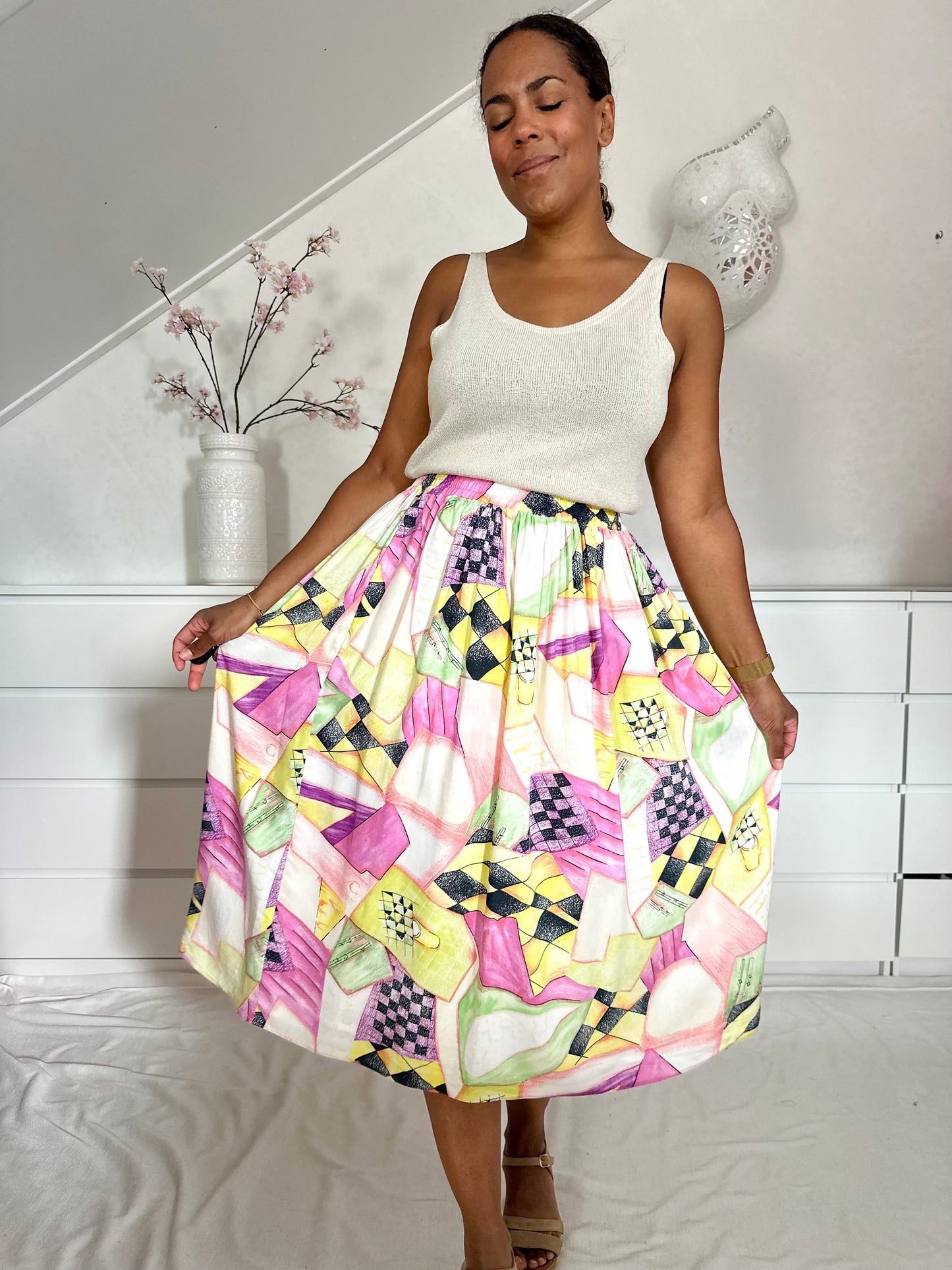 Vintage viscose rok in pasteltinten - M/L