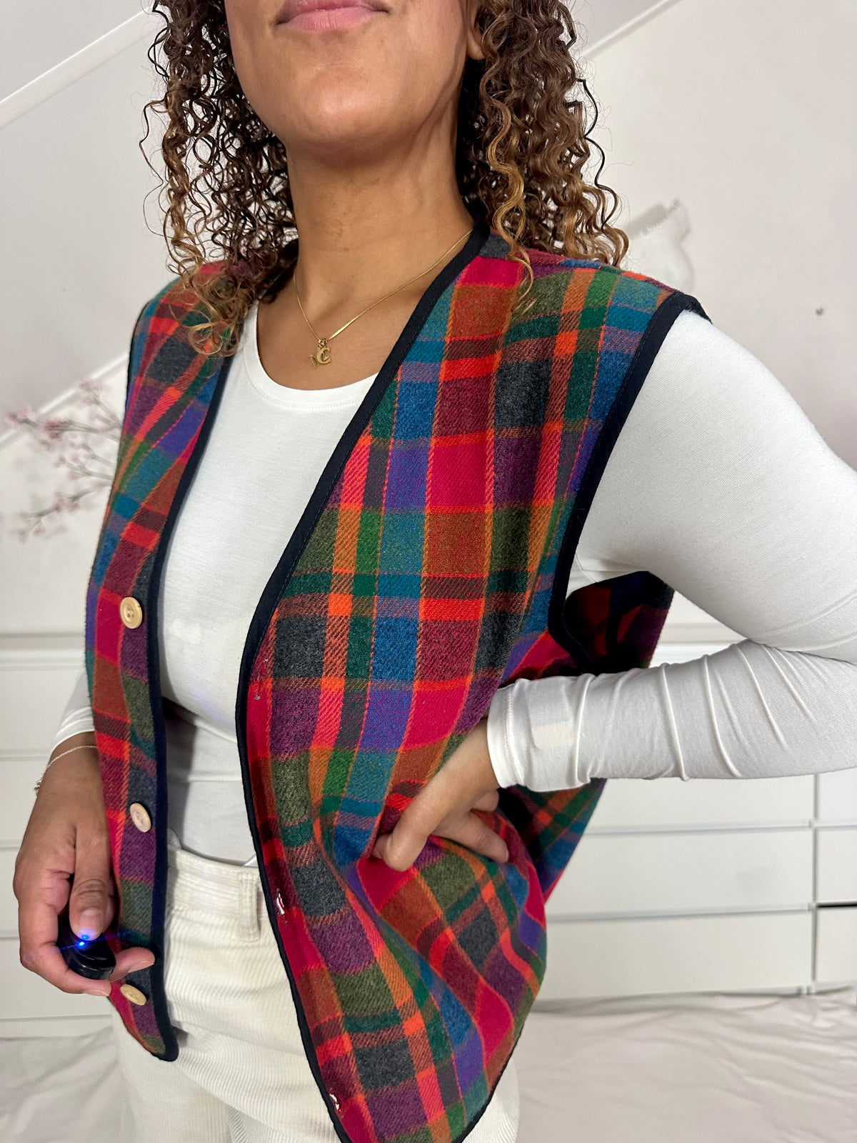 Vintage zachte gilet met geblokte print - M/L