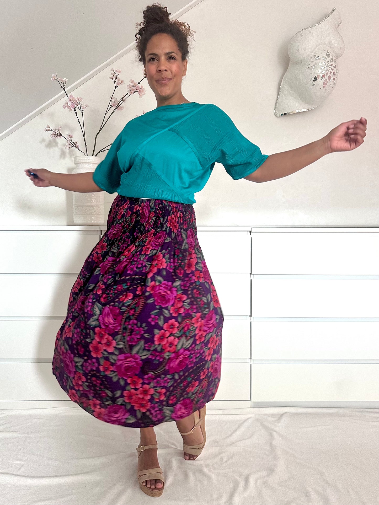 Vintage midirok met roze bloemenprint - M/L