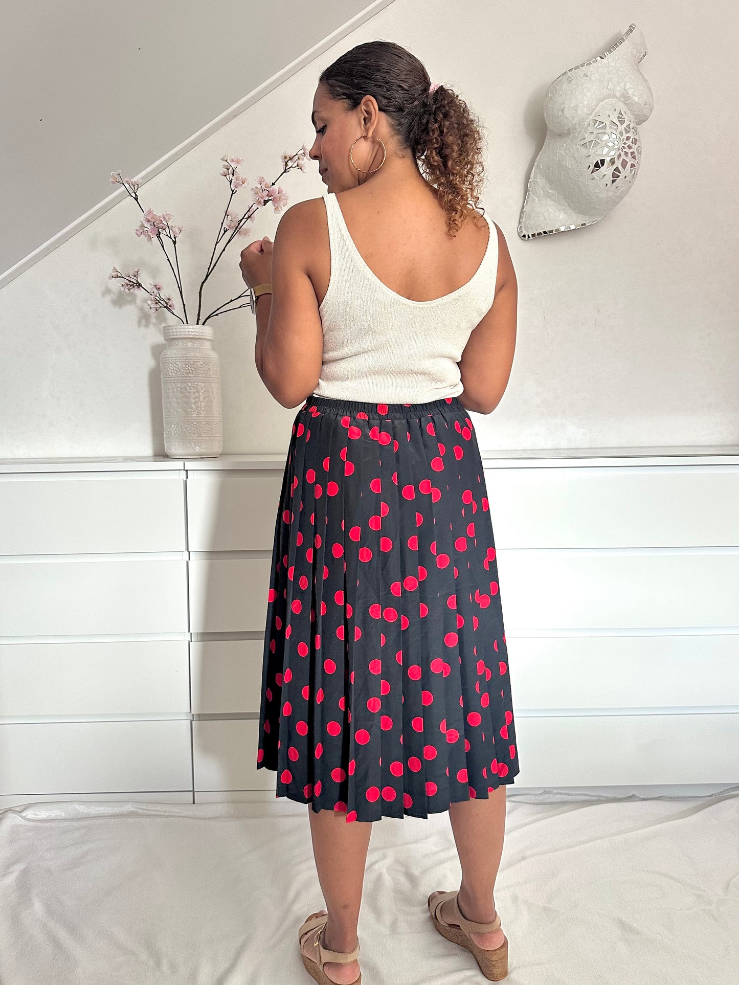 Vintage polka dot plooirok - L