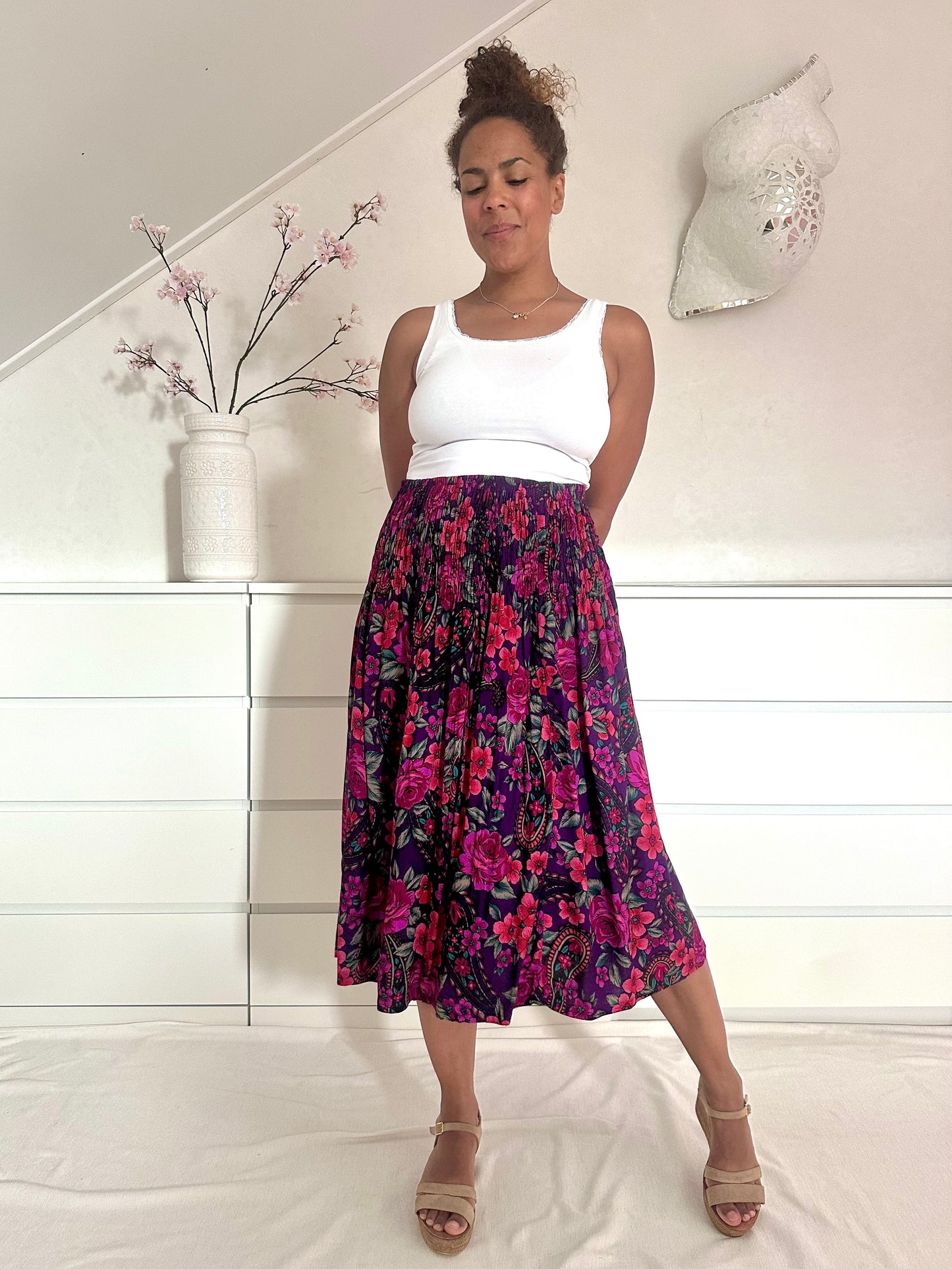Vintage midirok met roze bloemenprint - M/L