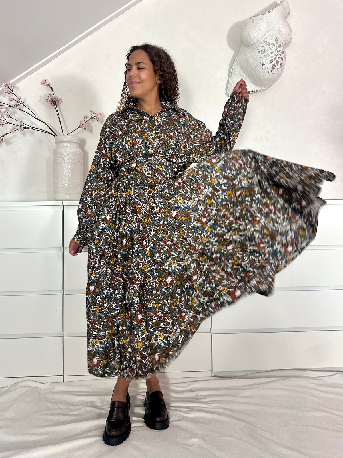 Vintage maxi-jurk in katoen met  botanische vogel print - M