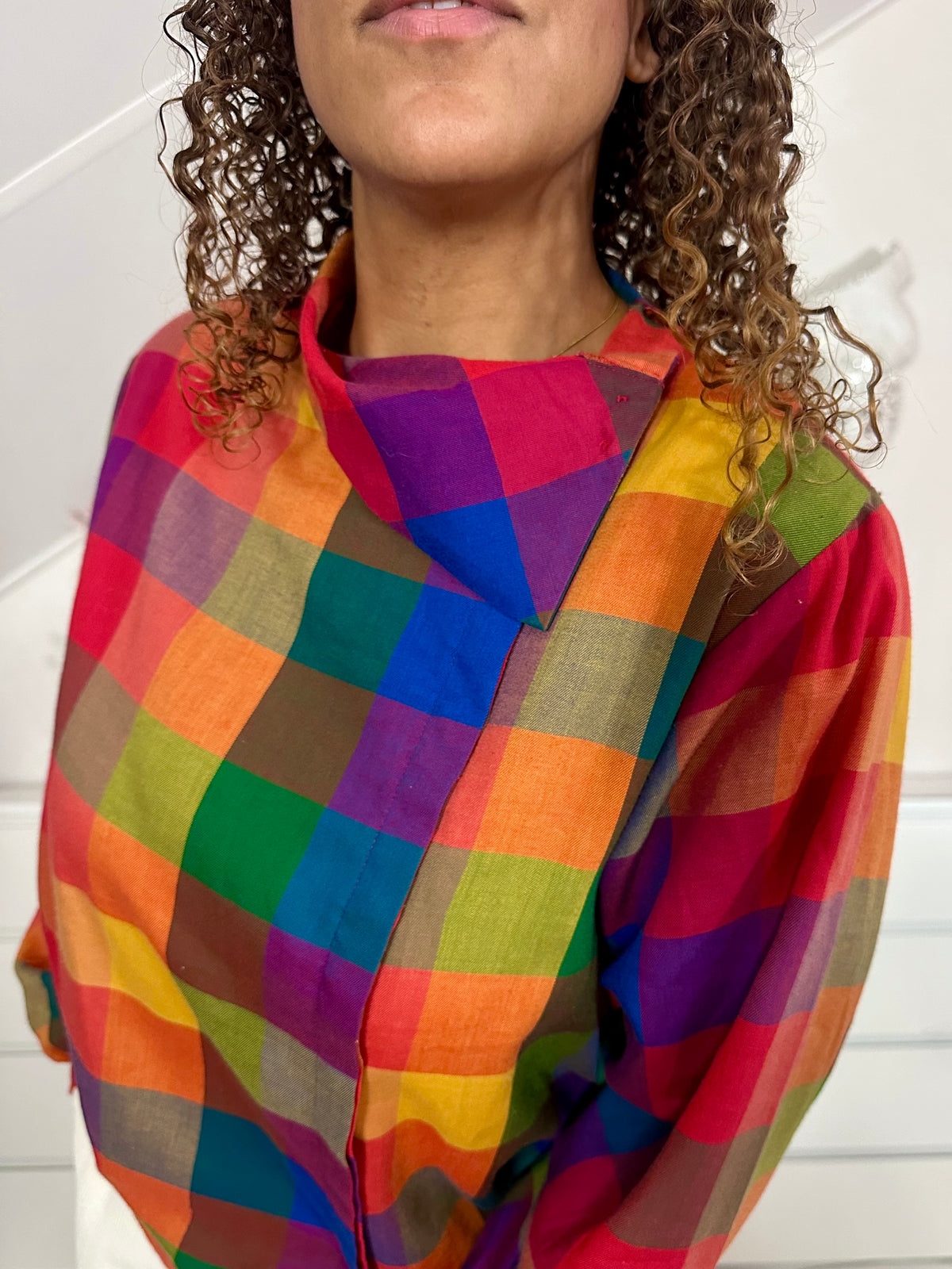 Vintage katoenen geruite blouse met herfstkleuren - M