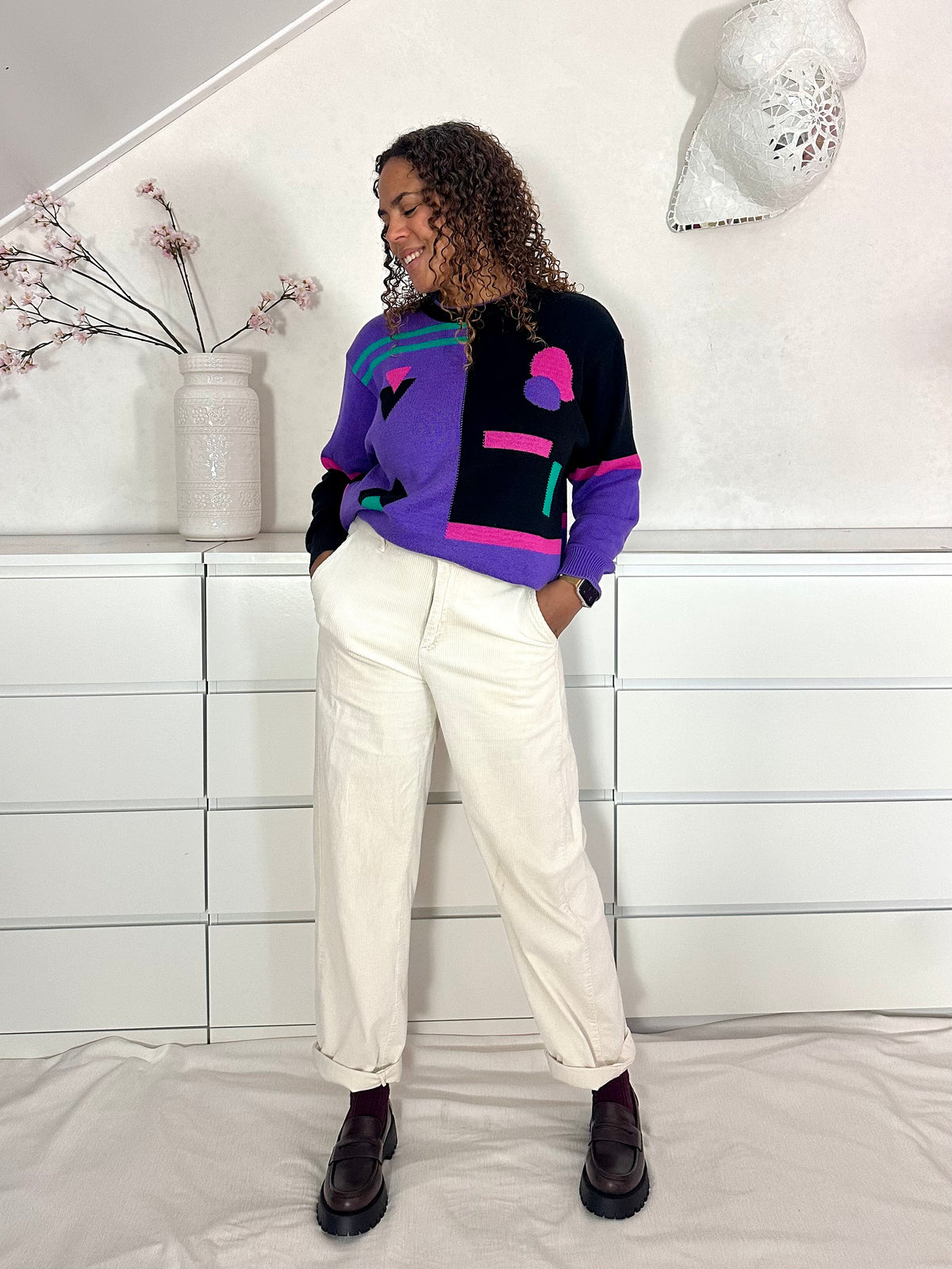 Vintage lange gebreide trui met 80’s print - XL/XXL