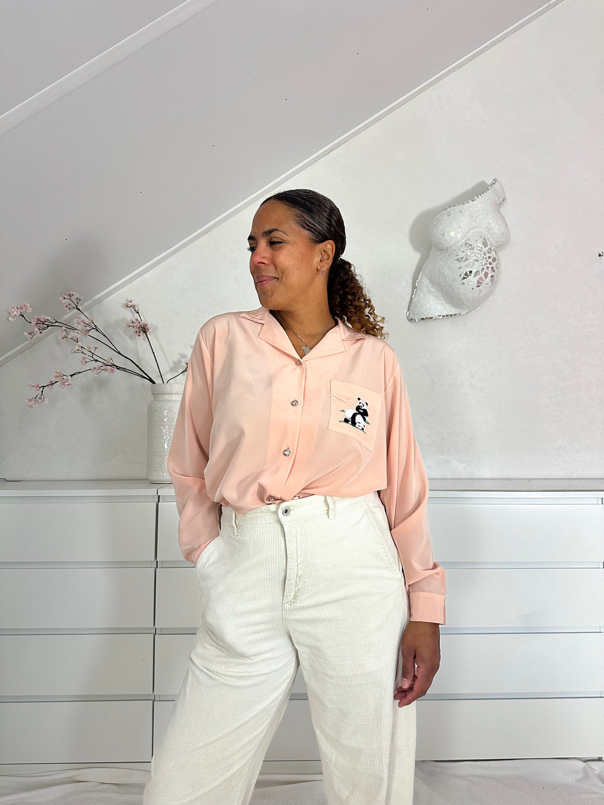 Vintage perzikkleurige blouse met panda’s - M/L