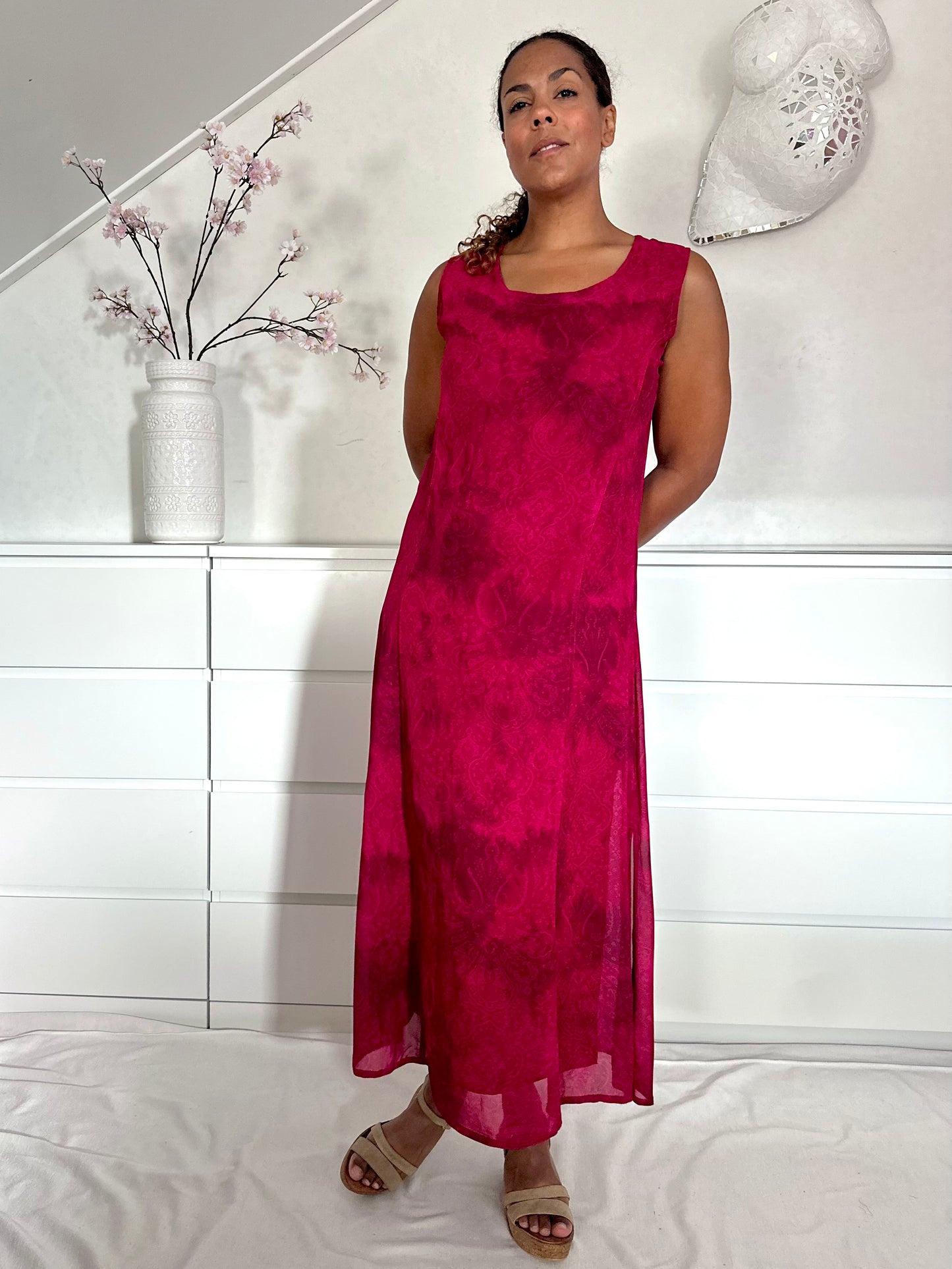 Vintage Bordeaux rode mesh maxi-jurk - L/XL