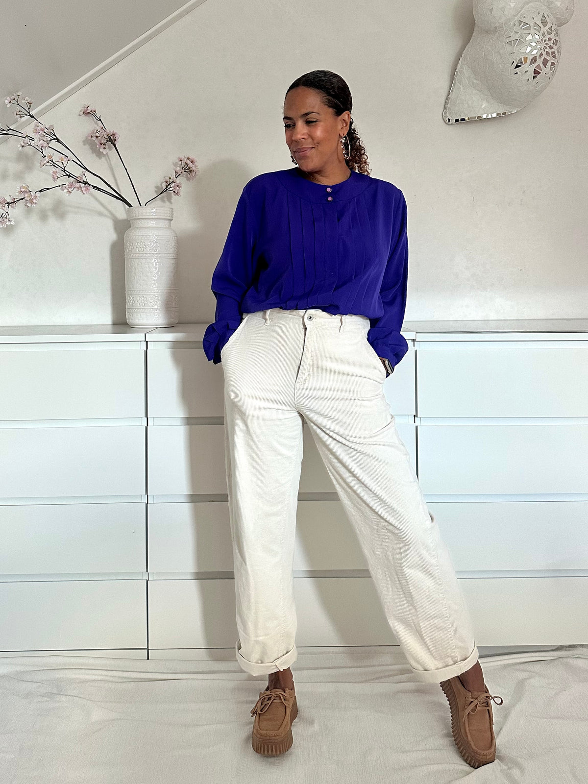 Vintage diep paarse blouse met plooien - XL