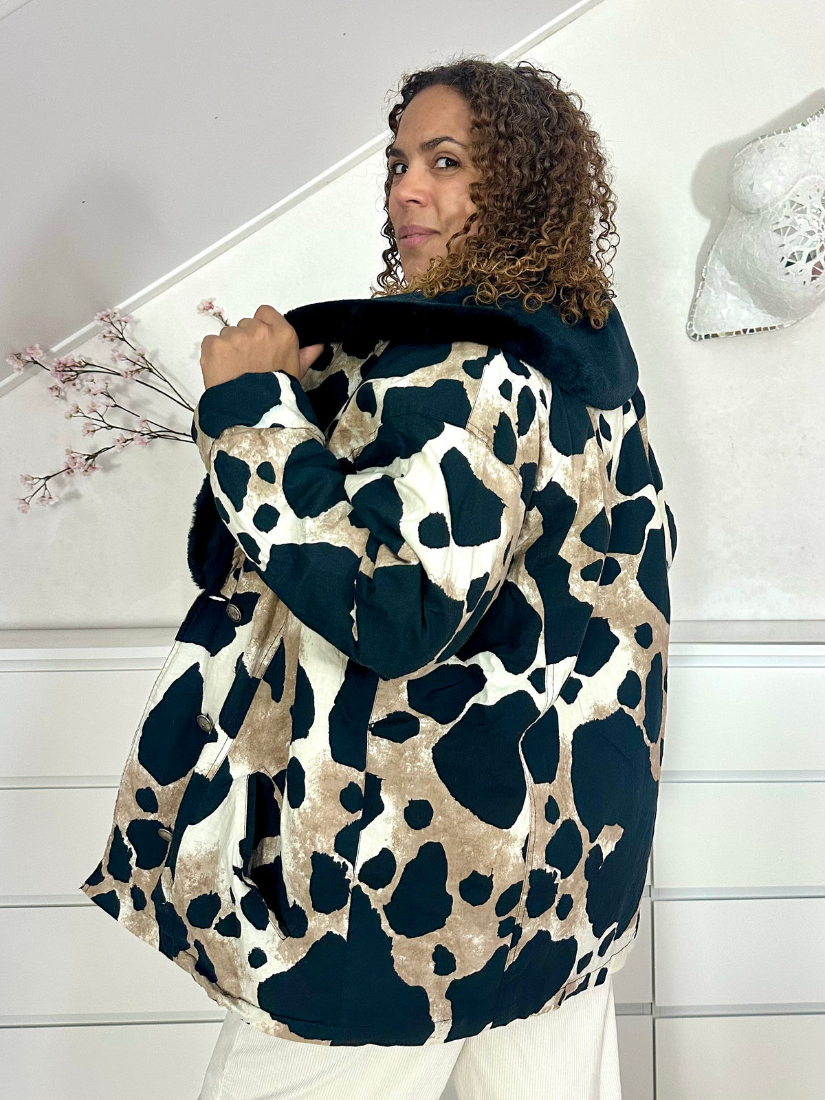 Vintage giraffe print puffer jack met faux fur kraag - L/XL