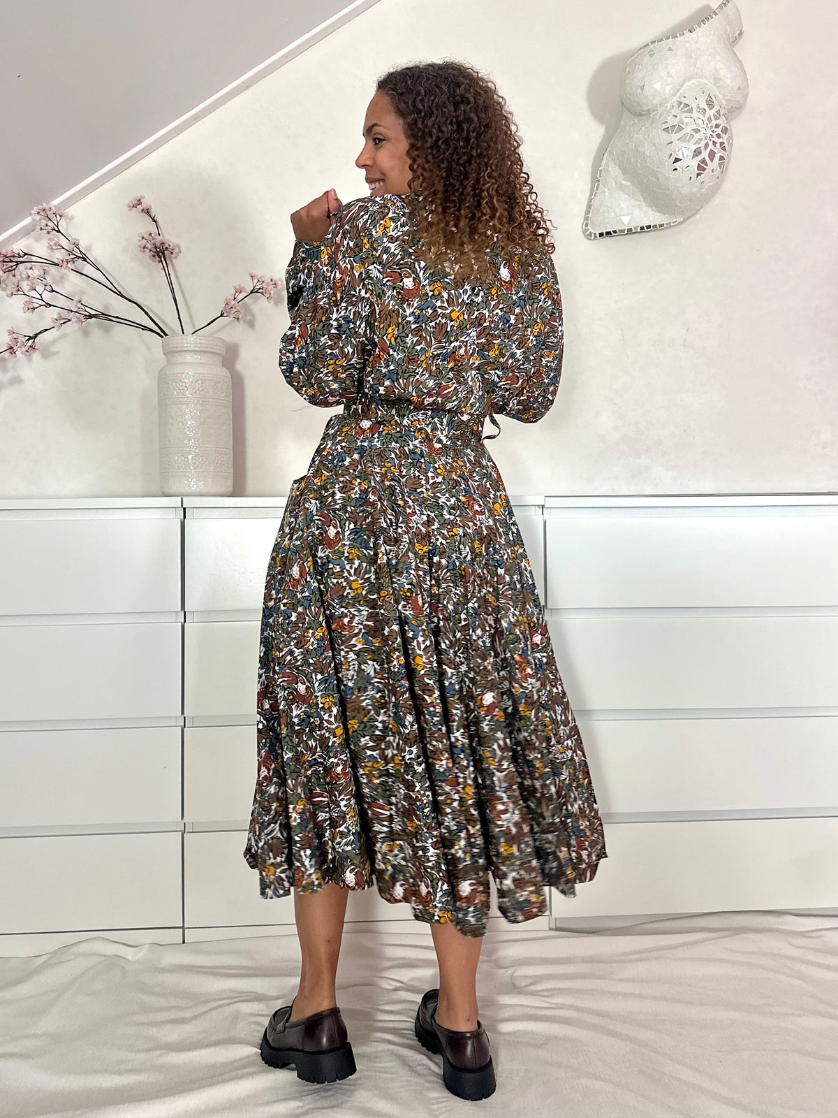 Vintage maxi-jurk in katoen met  botanische vogel print - M