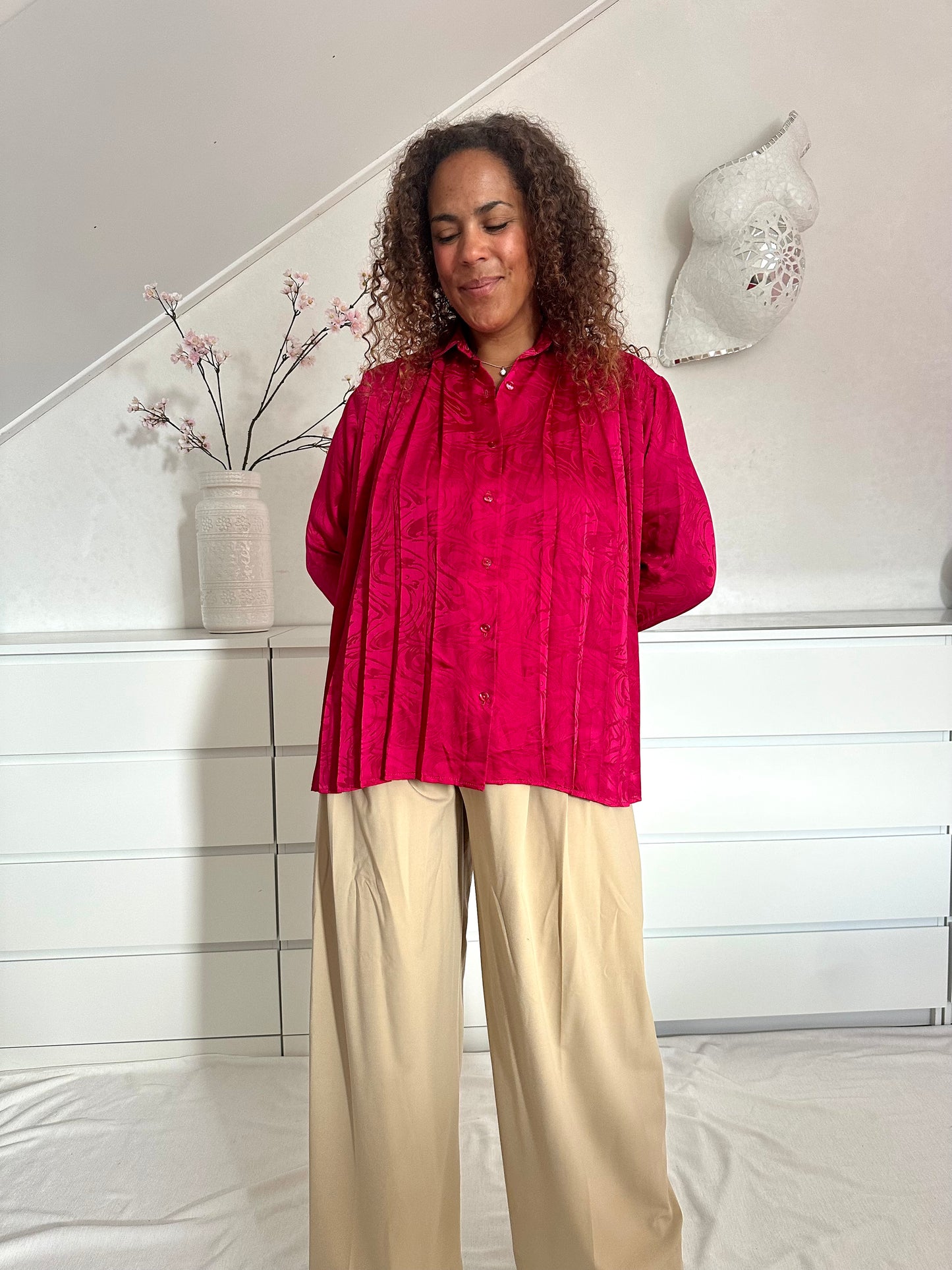 Vintage framboos roze geplooide blouse - XL/XXL