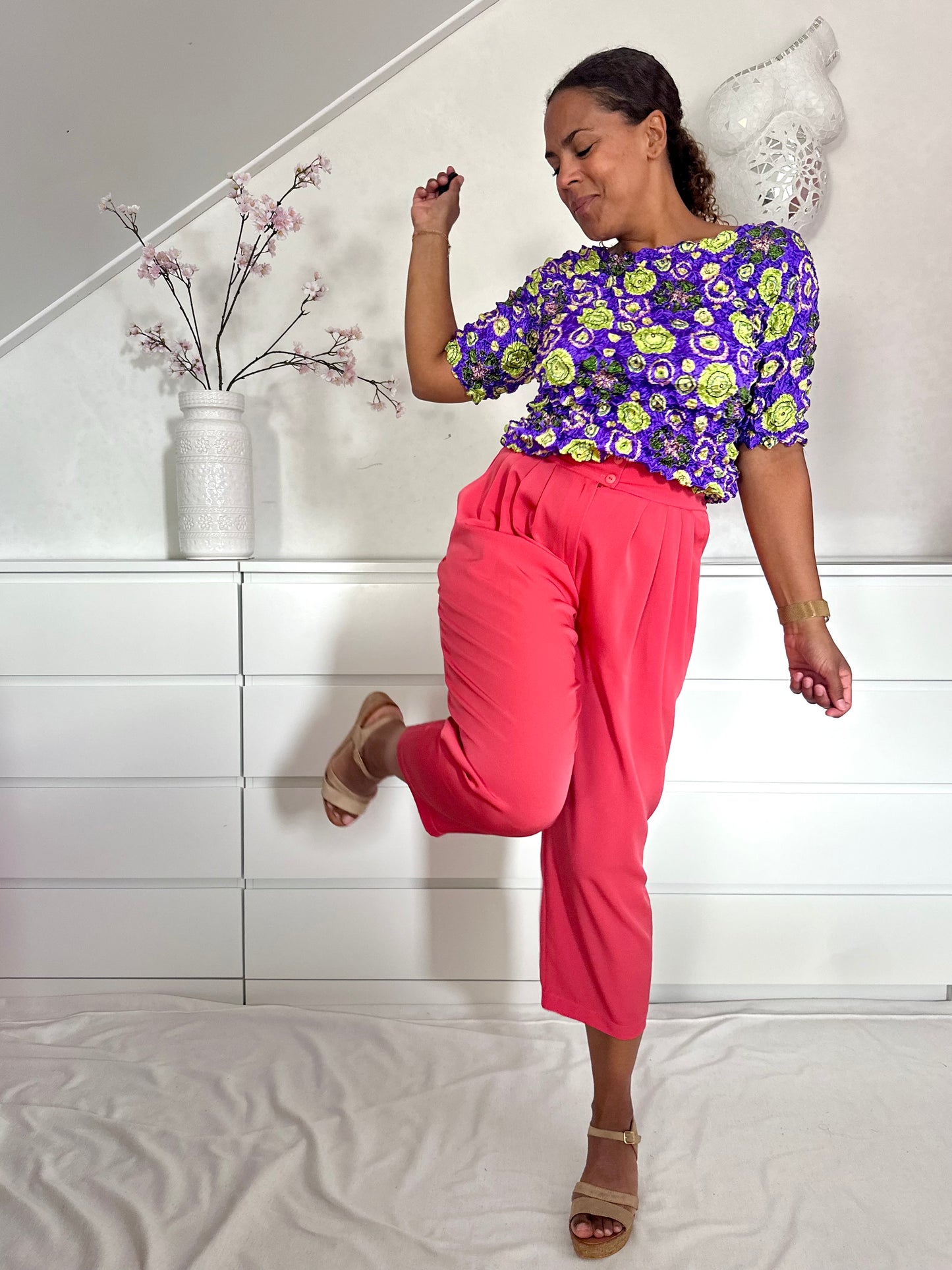 Vintage koraalrode zomer pantalon - L