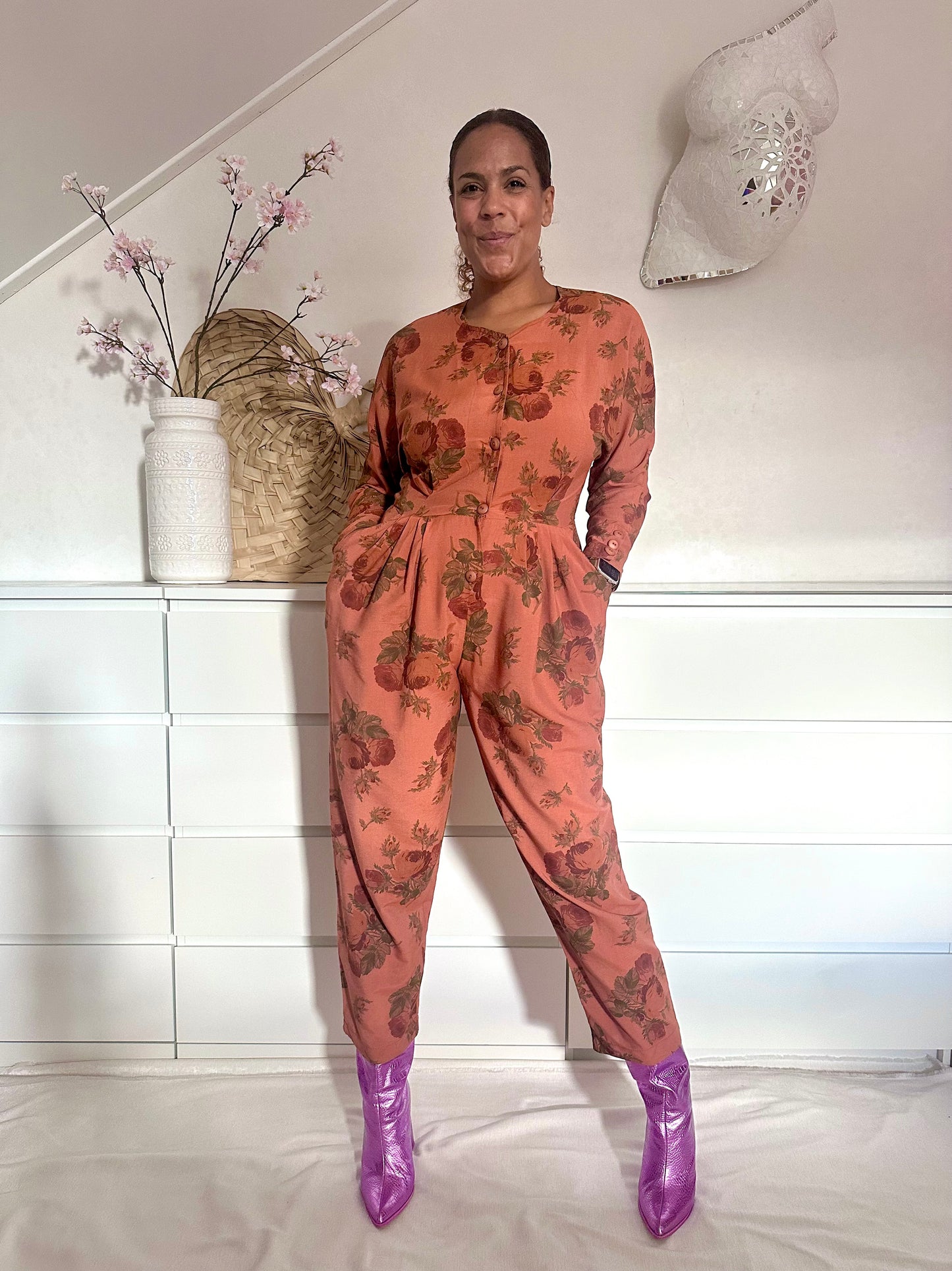 Vintage viscose jumpsuit in terra cotta - M
