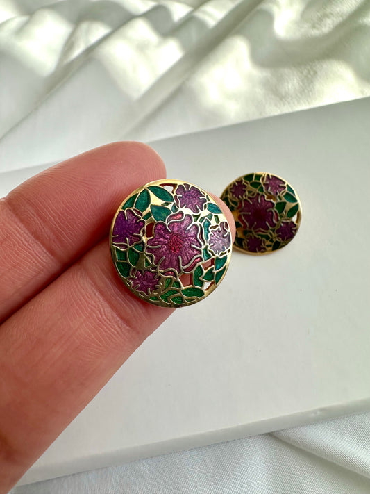 Vintage vergulde clip-oorbellen met bloemen - roze