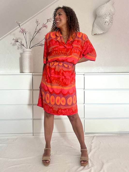 Vintage koraal kleurige jurk met ceintuur - XL/XXL