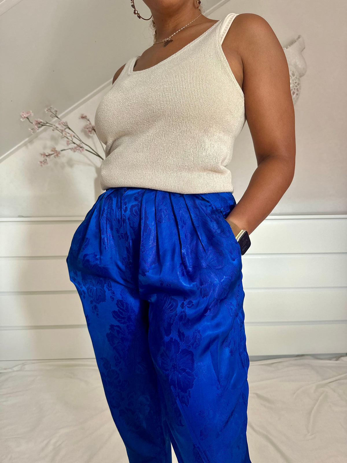 Vintage kobalt blauwe high waist broek met print - XS-S